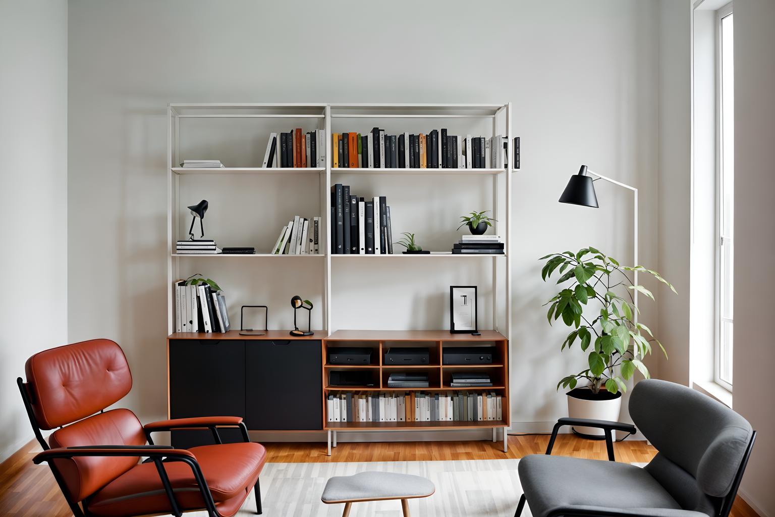 minimalist-style (study room interior) with bookshelves and plant and writing desk and office chair and lounge chair and cabinets and desk lamp and bookshelves. . with a monochromatic palette with colour used as an accent and lots of light and focus on the shape, colour and texture of just a few of essential elements and functional furniture and clean lines and an open floor plan and a monochromatic palette with colour used as an accent. . cinematic photo, highly detailed, cinematic lighting, ultra-detailed, ultrarealistic, photorealism, 8k. minimalist interior design style. masterpiece, cinematic light, ultrarealistic+, photorealistic+, 8k, raw photo, realistic, sharp focus on eyes, (symmetrical eyes), (intact eyes), hyperrealistic, highest quality, best quality, , highly detailed, masterpiece, best quality, extremely detailed 8k wallpaper, masterpiece, best quality, ultra-detailed, best shadow, detailed background, detailed face, detailed eyes, high contrast, best illumination, detailed face, dulux, caustic, dynamic angle, detailed glow. dramatic lighting. highly detailed, insanely detailed hair, symmetrical, intricate details, professionally retouched, 8k high definition. strong bokeh. award winning photo.