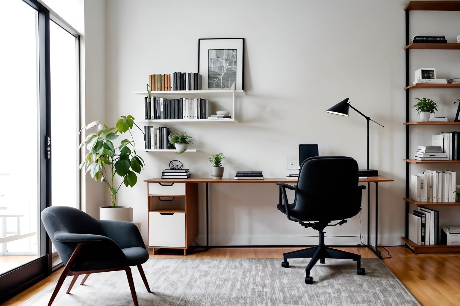 minimalist-style (study room interior) with bookshelves and plant and writing desk and office chair and lounge chair and cabinets and desk lamp and bookshelves. . with a monochromatic palette with colour used as an accent and lots of light and focus on the shape, colour and texture of just a few of essential elements and functional furniture and clean lines and an open floor plan and a monochromatic palette with colour used as an accent. . cinematic photo, highly detailed, cinematic lighting, ultra-detailed, ultrarealistic, photorealism, 8k. minimalist interior design style. masterpiece, cinematic light, ultrarealistic+, photorealistic+, 8k, raw photo, realistic, sharp focus on eyes, (symmetrical eyes), (intact eyes), hyperrealistic, highest quality, best quality, , highly detailed, masterpiece, best quality, extremely detailed 8k wallpaper, masterpiece, best quality, ultra-detailed, best shadow, detailed background, detailed face, detailed eyes, high contrast, best illumination, detailed face, dulux, caustic, dynamic angle, detailed glow. dramatic lighting. highly detailed, insanely detailed hair, symmetrical, intricate details, professionally retouched, 8k high definition. strong bokeh. award winning photo.