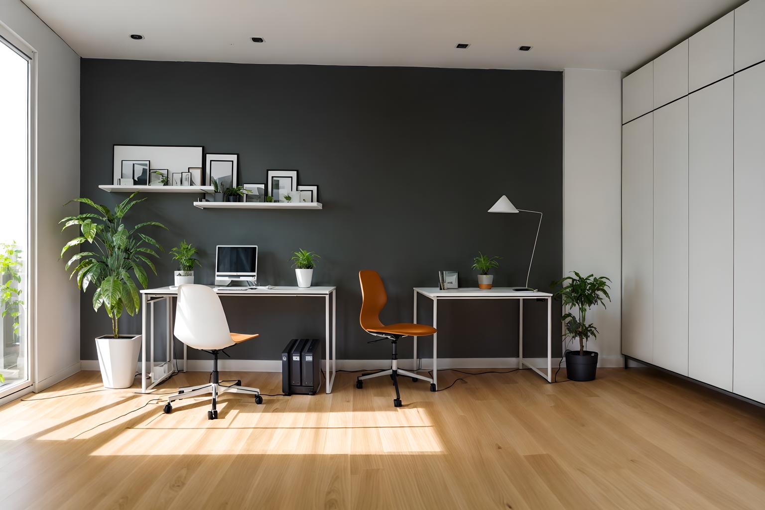 minimalist-style (home office interior) with plant and cabinets and computer desk and office chair and desk lamp and plant. . with functional furniture and lots of light and focus on the shape, colour and texture of just a few of essential elements and clean lines and an open floor plan and a monochromatic palette with colour used as an accent and functional furniture. . cinematic photo, highly detailed, cinematic lighting, ultra-detailed, ultrarealistic, photorealism, 8k. minimalist interior design style. masterpiece, cinematic light, ultrarealistic+, photorealistic+, 8k, raw photo, realistic, sharp focus on eyes, (symmetrical eyes), (intact eyes), hyperrealistic, highest quality, best quality, , highly detailed, masterpiece, best quality, extremely detailed 8k wallpaper, masterpiece, best quality, ultra-detailed, best shadow, detailed background, detailed face, detailed eyes, high contrast, best illumination, detailed face, dulux, caustic, dynamic angle, detailed glow. dramatic lighting. highly detailed, insanely detailed hair, symmetrical, intricate details, professionally retouched, 8k high definition. strong bokeh. award winning photo.