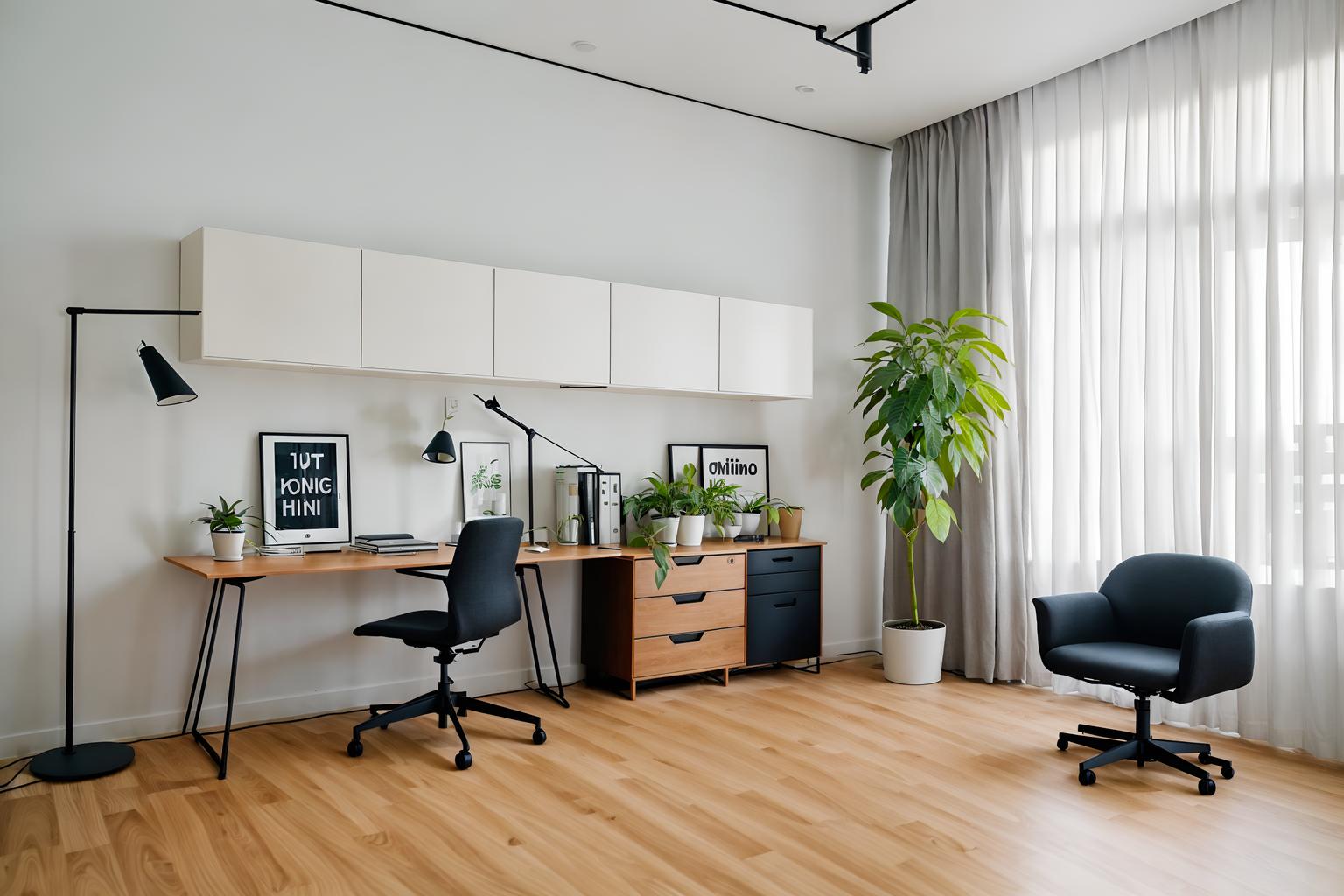 minimalist-style (home office interior) with plant and cabinets and computer desk and office chair and desk lamp and plant. . with functional furniture and lots of light and focus on the shape, colour and texture of just a few of essential elements and clean lines and an open floor plan and a monochromatic palette with colour used as an accent and functional furniture. . cinematic photo, highly detailed, cinematic lighting, ultra-detailed, ultrarealistic, photorealism, 8k. minimalist interior design style. masterpiece, cinematic light, ultrarealistic+, photorealistic+, 8k, raw photo, realistic, sharp focus on eyes, (symmetrical eyes), (intact eyes), hyperrealistic, highest quality, best quality, , highly detailed, masterpiece, best quality, extremely detailed 8k wallpaper, masterpiece, best quality, ultra-detailed, best shadow, detailed background, detailed face, detailed eyes, high contrast, best illumination, detailed face, dulux, caustic, dynamic angle, detailed glow. dramatic lighting. highly detailed, insanely detailed hair, symmetrical, intricate details, professionally retouched, 8k high definition. strong bokeh. award winning photo.