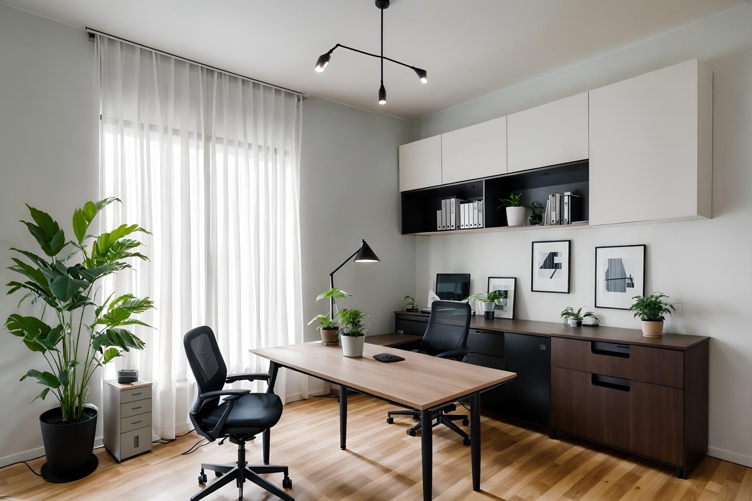 minimalist-style (home office interior) with plant and cabinets and computer desk and office chair and desk lamp and plant. . with functional furniture and lots of light and focus on the shape, colour and texture of just a few of essential elements and clean lines and an open floor plan and a monochromatic palette with colour used as an accent and functional furniture. . cinematic photo, highly detailed, cinematic lighting, ultra-detailed, ultrarealistic, photorealism, 8k. minimalist interior design style. masterpiece, cinematic light, ultrarealistic+, photorealistic+, 8k, raw photo, realistic, sharp focus on eyes, (symmetrical eyes), (intact eyes), hyperrealistic, highest quality, best quality, , highly detailed, masterpiece, best quality, extremely detailed 8k wallpaper, masterpiece, best quality, ultra-detailed, best shadow, detailed background, detailed face, detailed eyes, high contrast, best illumination, detailed face, dulux, caustic, dynamic angle, detailed glow. dramatic lighting. highly detailed, insanely detailed hair, symmetrical, intricate details, professionally retouched, 8k high definition. strong bokeh. award winning photo.
