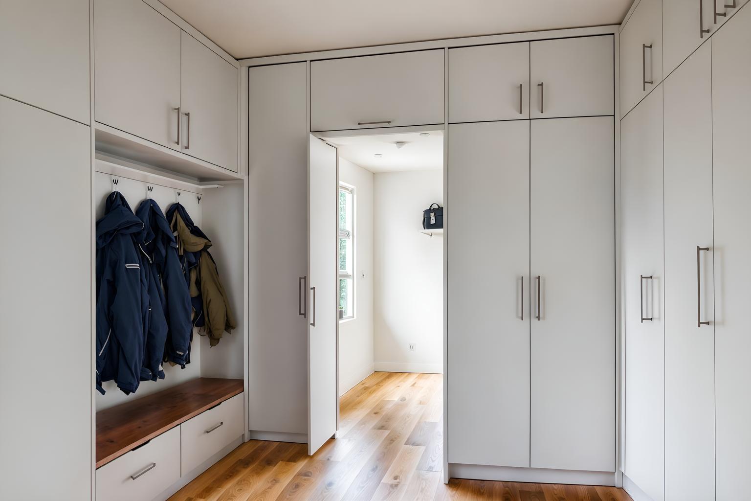 minimalist-style (mudroom interior) with storage drawers and high up storage and cubbies and storage baskets and cabinets and wall hooks for coats and shelves for shoes and a bench. . with focus on the shape, colour and texture of just a few of essential elements and functional furniture and an open floor plan and clean lines and a monochromatic palette with colour used as an accent and lots of light and focus on the shape, colour and texture of just a few of essential elements. . cinematic photo, highly detailed, cinematic lighting, ultra-detailed, ultrarealistic, photorealism, 8k. minimalist interior design style. masterpiece, cinematic light, ultrarealistic+, photorealistic+, 8k, raw photo, realistic, sharp focus on eyes, (symmetrical eyes), (intact eyes), hyperrealistic, highest quality, best quality, , highly detailed, masterpiece, best quality, extremely detailed 8k wallpaper, masterpiece, best quality, ultra-detailed, best shadow, detailed background, detailed face, detailed eyes, high contrast, best illumination, detailed face, dulux, caustic, dynamic angle, detailed glow. dramatic lighting. highly detailed, insanely detailed hair, symmetrical, intricate details, professionally retouched, 8k high definition. strong bokeh. award winning photo.