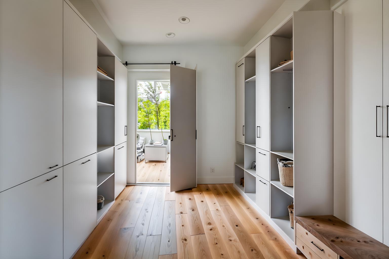 minimalist-style (mudroom interior) with storage drawers and high up storage and cubbies and storage baskets and cabinets and wall hooks for coats and shelves for shoes and a bench. . with focus on the shape, colour and texture of just a few of essential elements and functional furniture and an open floor plan and clean lines and a monochromatic palette with colour used as an accent and lots of light and focus on the shape, colour and texture of just a few of essential elements. . cinematic photo, highly detailed, cinematic lighting, ultra-detailed, ultrarealistic, photorealism, 8k. minimalist interior design style. masterpiece, cinematic light, ultrarealistic+, photorealistic+, 8k, raw photo, realistic, sharp focus on eyes, (symmetrical eyes), (intact eyes), hyperrealistic, highest quality, best quality, , highly detailed, masterpiece, best quality, extremely detailed 8k wallpaper, masterpiece, best quality, ultra-detailed, best shadow, detailed background, detailed face, detailed eyes, high contrast, best illumination, detailed face, dulux, caustic, dynamic angle, detailed glow. dramatic lighting. highly detailed, insanely detailed hair, symmetrical, intricate details, professionally retouched, 8k high definition. strong bokeh. award winning photo.