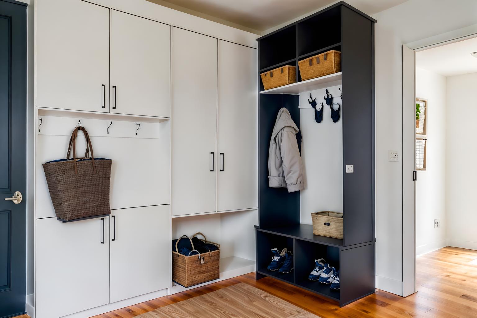 minimalist-style (mudroom interior) with storage drawers and high up storage and cubbies and storage baskets and cabinets and wall hooks for coats and shelves for shoes and a bench. . with focus on the shape, colour and texture of just a few of essential elements and functional furniture and an open floor plan and clean lines and a monochromatic palette with colour used as an accent and lots of light and focus on the shape, colour and texture of just a few of essential elements. . cinematic photo, highly detailed, cinematic lighting, ultra-detailed, ultrarealistic, photorealism, 8k. minimalist interior design style. masterpiece, cinematic light, ultrarealistic+, photorealistic+, 8k, raw photo, realistic, sharp focus on eyes, (symmetrical eyes), (intact eyes), hyperrealistic, highest quality, best quality, , highly detailed, masterpiece, best quality, extremely detailed 8k wallpaper, masterpiece, best quality, ultra-detailed, best shadow, detailed background, detailed face, detailed eyes, high contrast, best illumination, detailed face, dulux, caustic, dynamic angle, detailed glow. dramatic lighting. highly detailed, insanely detailed hair, symmetrical, intricate details, professionally retouched, 8k high definition. strong bokeh. award winning photo.