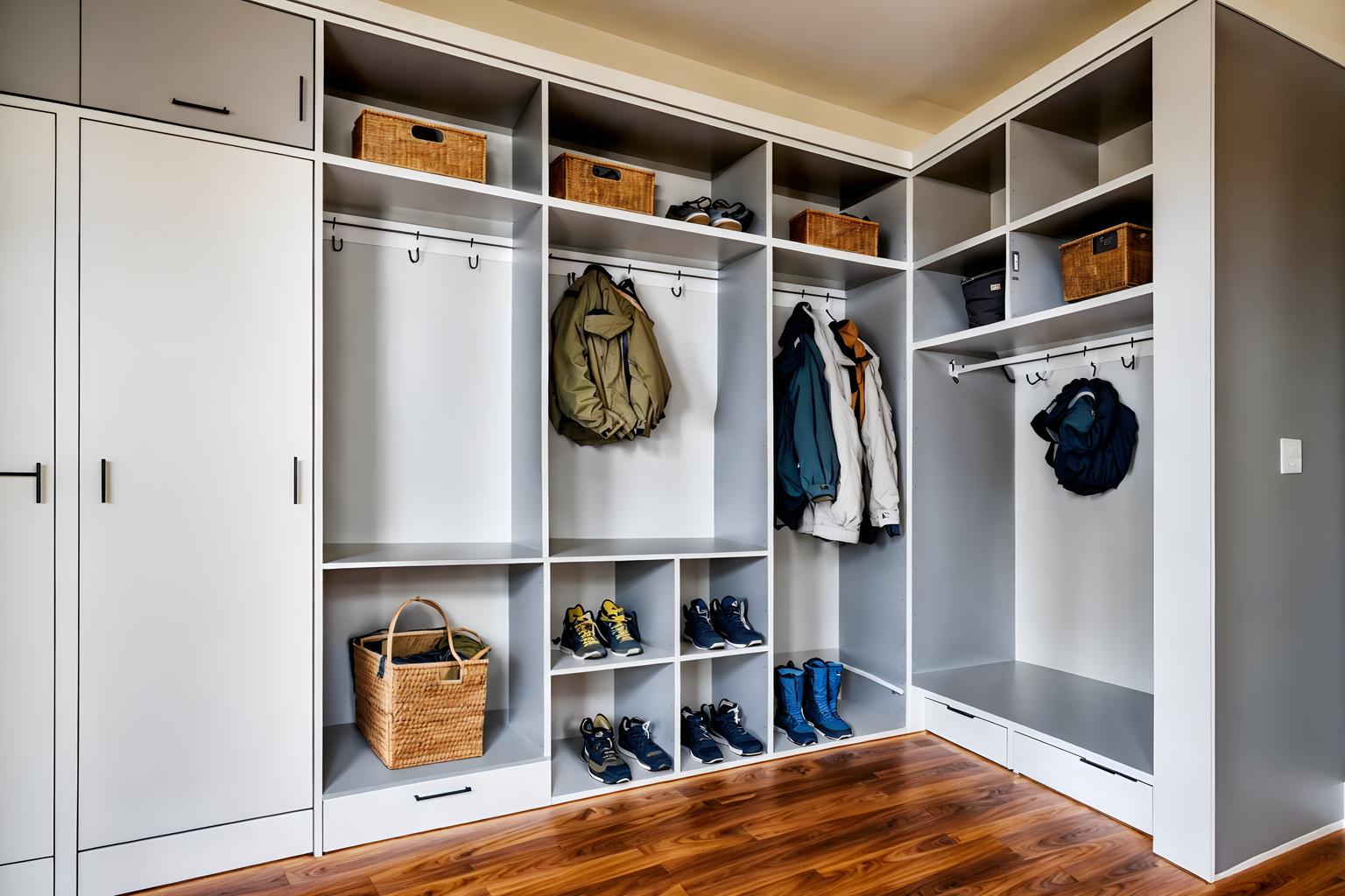 minimalist-style (mudroom interior) with storage drawers and high up storage and cubbies and storage baskets and cabinets and wall hooks for coats and shelves for shoes and a bench. . with focus on the shape, colour and texture of just a few of essential elements and functional furniture and an open floor plan and clean lines and a monochromatic palette with colour used as an accent and lots of light and focus on the shape, colour and texture of just a few of essential elements. . cinematic photo, highly detailed, cinematic lighting, ultra-detailed, ultrarealistic, photorealism, 8k. minimalist interior design style. masterpiece, cinematic light, ultrarealistic+, photorealistic+, 8k, raw photo, realistic, sharp focus on eyes, (symmetrical eyes), (intact eyes), hyperrealistic, highest quality, best quality, , highly detailed, masterpiece, best quality, extremely detailed 8k wallpaper, masterpiece, best quality, ultra-detailed, best shadow, detailed background, detailed face, detailed eyes, high contrast, best illumination, detailed face, dulux, caustic, dynamic angle, detailed glow. dramatic lighting. highly detailed, insanely detailed hair, symmetrical, intricate details, professionally retouched, 8k high definition. strong bokeh. award winning photo.