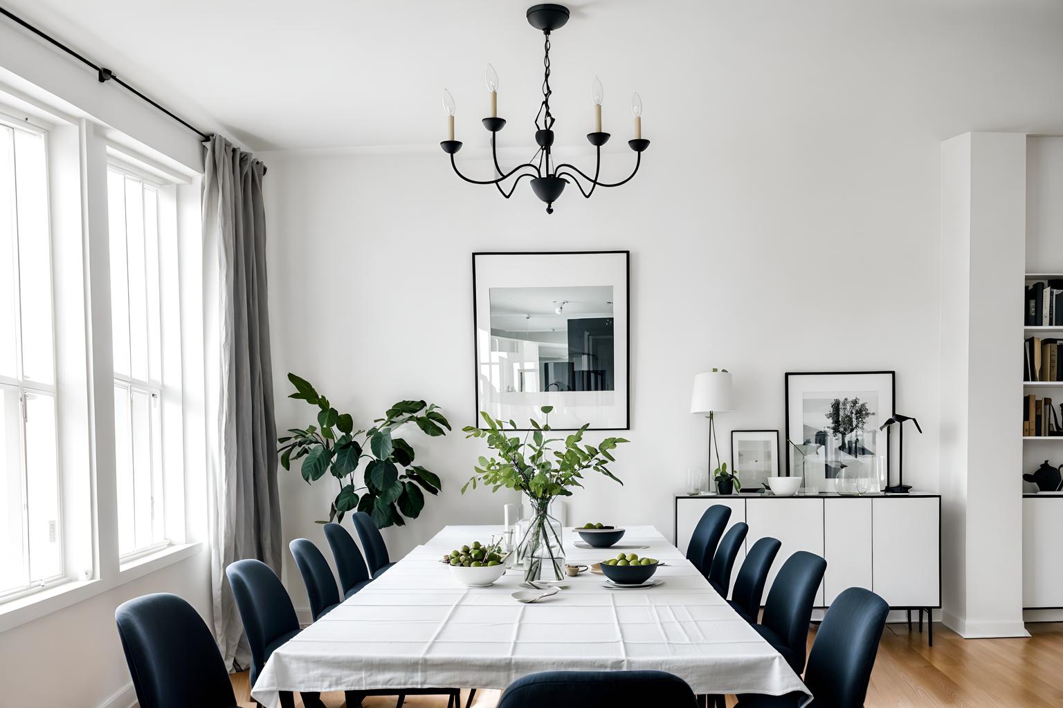 minimalist-style (dining room interior) with painting or photo on wall and table cloth and plates, cutlery and glasses on dining table and plant and bookshelves and dining table and light or chandelier and vase. . with an open floor plan and a monochromatic palette with colour used as an accent and lots of light and focus on the shape, colour and texture of just a few of essential elements and functional furniture and clean lines and an open floor plan. . cinematic photo, highly detailed, cinematic lighting, ultra-detailed, ultrarealistic, photorealism, 8k. minimalist interior design style. masterpiece, cinematic light, ultrarealistic+, photorealistic+, 8k, raw photo, realistic, sharp focus on eyes, (symmetrical eyes), (intact eyes), hyperrealistic, highest quality, best quality, , highly detailed, masterpiece, best quality, extremely detailed 8k wallpaper, masterpiece, best quality, ultra-detailed, best shadow, detailed background, detailed face, detailed eyes, high contrast, best illumination, detailed face, dulux, caustic, dynamic angle, detailed glow. dramatic lighting. highly detailed, insanely detailed hair, symmetrical, intricate details, professionally retouched, 8k high definition. strong bokeh. award winning photo.