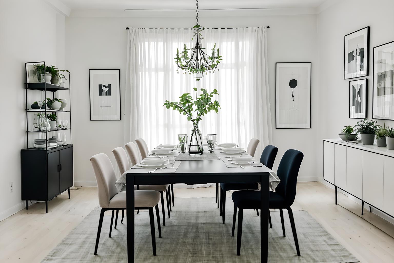 minimalist-style (dining room interior) with painting or photo on wall and table cloth and plates, cutlery and glasses on dining table and plant and bookshelves and dining table and light or chandelier and vase. . with an open floor plan and a monochromatic palette with colour used as an accent and lots of light and focus on the shape, colour and texture of just a few of essential elements and functional furniture and clean lines and an open floor plan. . cinematic photo, highly detailed, cinematic lighting, ultra-detailed, ultrarealistic, photorealism, 8k. minimalist interior design style. masterpiece, cinematic light, ultrarealistic+, photorealistic+, 8k, raw photo, realistic, sharp focus on eyes, (symmetrical eyes), (intact eyes), hyperrealistic, highest quality, best quality, , highly detailed, masterpiece, best quality, extremely detailed 8k wallpaper, masterpiece, best quality, ultra-detailed, best shadow, detailed background, detailed face, detailed eyes, high contrast, best illumination, detailed face, dulux, caustic, dynamic angle, detailed glow. dramatic lighting. highly detailed, insanely detailed hair, symmetrical, intricate details, professionally retouched, 8k high definition. strong bokeh. award winning photo.