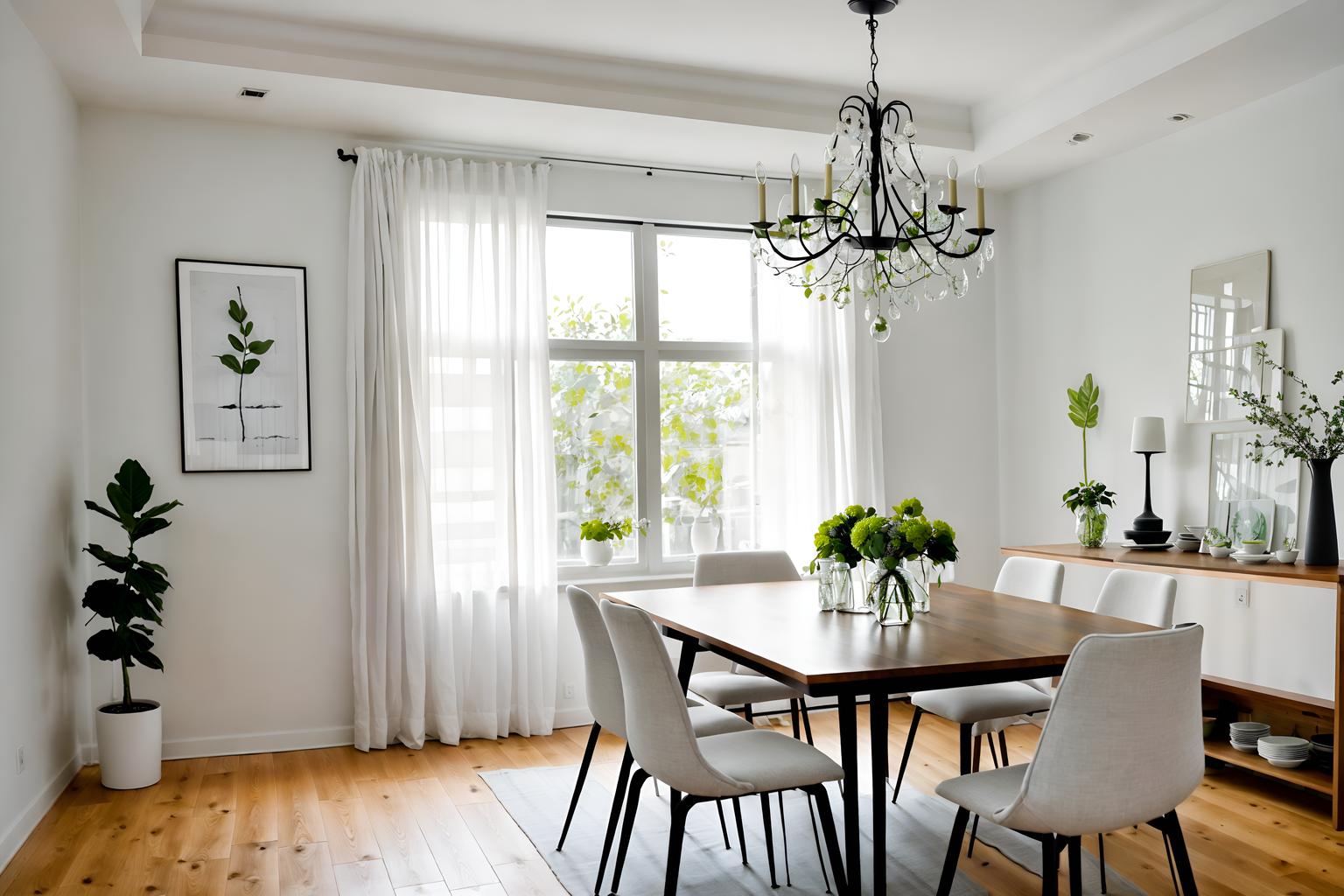 minimalist-style (dining room interior) with painting or photo on wall and table cloth and plates, cutlery and glasses on dining table and plant and bookshelves and dining table and light or chandelier and vase. . with an open floor plan and a monochromatic palette with colour used as an accent and lots of light and focus on the shape, colour and texture of just a few of essential elements and functional furniture and clean lines and an open floor plan. . cinematic photo, highly detailed, cinematic lighting, ultra-detailed, ultrarealistic, photorealism, 8k. minimalist interior design style. masterpiece, cinematic light, ultrarealistic+, photorealistic+, 8k, raw photo, realistic, sharp focus on eyes, (symmetrical eyes), (intact eyes), hyperrealistic, highest quality, best quality, , highly detailed, masterpiece, best quality, extremely detailed 8k wallpaper, masterpiece, best quality, ultra-detailed, best shadow, detailed background, detailed face, detailed eyes, high contrast, best illumination, detailed face, dulux, caustic, dynamic angle, detailed glow. dramatic lighting. highly detailed, insanely detailed hair, symmetrical, intricate details, professionally retouched, 8k high definition. strong bokeh. award winning photo.