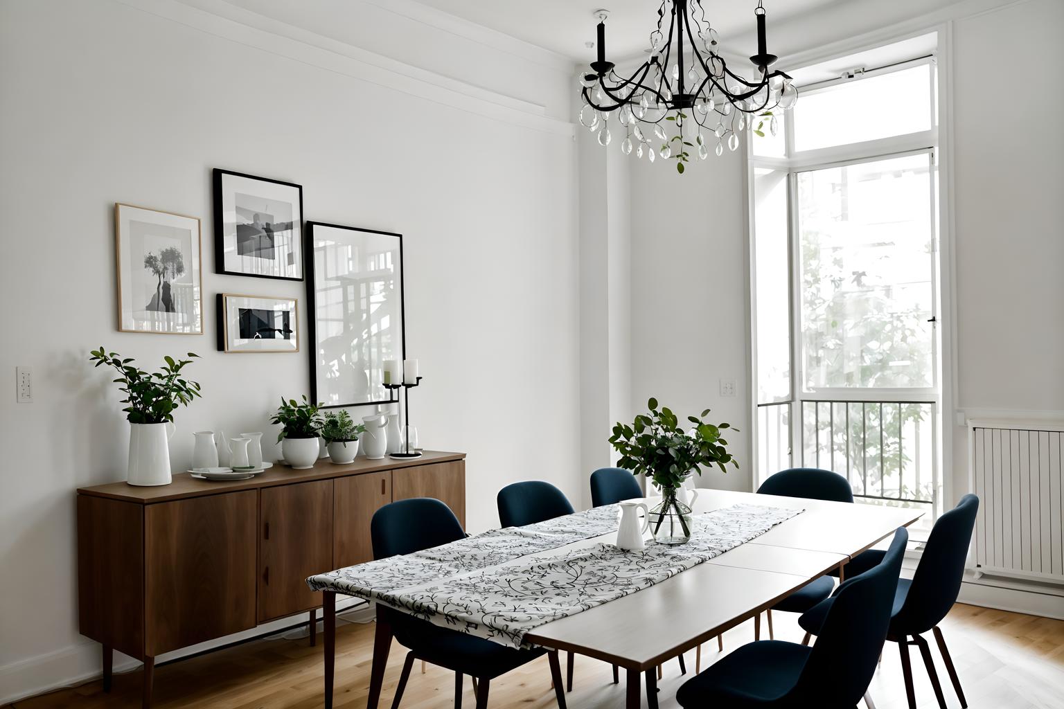 minimalist-style (dining room interior) with painting or photo on wall and table cloth and plates, cutlery and glasses on dining table and plant and bookshelves and dining table and light or chandelier and vase. . with an open floor plan and a monochromatic palette with colour used as an accent and lots of light and focus on the shape, colour and texture of just a few of essential elements and functional furniture and clean lines and an open floor plan. . cinematic photo, highly detailed, cinematic lighting, ultra-detailed, ultrarealistic, photorealism, 8k. minimalist interior design style. masterpiece, cinematic light, ultrarealistic+, photorealistic+, 8k, raw photo, realistic, sharp focus on eyes, (symmetrical eyes), (intact eyes), hyperrealistic, highest quality, best quality, , highly detailed, masterpiece, best quality, extremely detailed 8k wallpaper, masterpiece, best quality, ultra-detailed, best shadow, detailed background, detailed face, detailed eyes, high contrast, best illumination, detailed face, dulux, caustic, dynamic angle, detailed glow. dramatic lighting. highly detailed, insanely detailed hair, symmetrical, intricate details, professionally retouched, 8k high definition. strong bokeh. award winning photo.