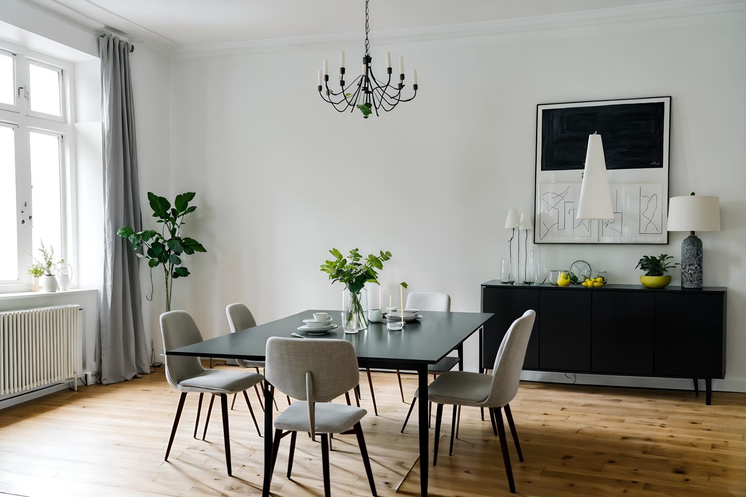 minimalist-style (dining room interior) with painting or photo on wall and table cloth and plates, cutlery and glasses on dining table and plant and bookshelves and dining table and light or chandelier and vase. . with an open floor plan and a monochromatic palette with colour used as an accent and lots of light and focus on the shape, colour and texture of just a few of essential elements and functional furniture and clean lines and an open floor plan. . cinematic photo, highly detailed, cinematic lighting, ultra-detailed, ultrarealistic, photorealism, 8k. minimalist interior design style. masterpiece, cinematic light, ultrarealistic+, photorealistic+, 8k, raw photo, realistic, sharp focus on eyes, (symmetrical eyes), (intact eyes), hyperrealistic, highest quality, best quality, , highly detailed, masterpiece, best quality, extremely detailed 8k wallpaper, masterpiece, best quality, ultra-detailed, best shadow, detailed background, detailed face, detailed eyes, high contrast, best illumination, detailed face, dulux, caustic, dynamic angle, detailed glow. dramatic lighting. highly detailed, insanely detailed hair, symmetrical, intricate details, professionally retouched, 8k high definition. strong bokeh. award winning photo.