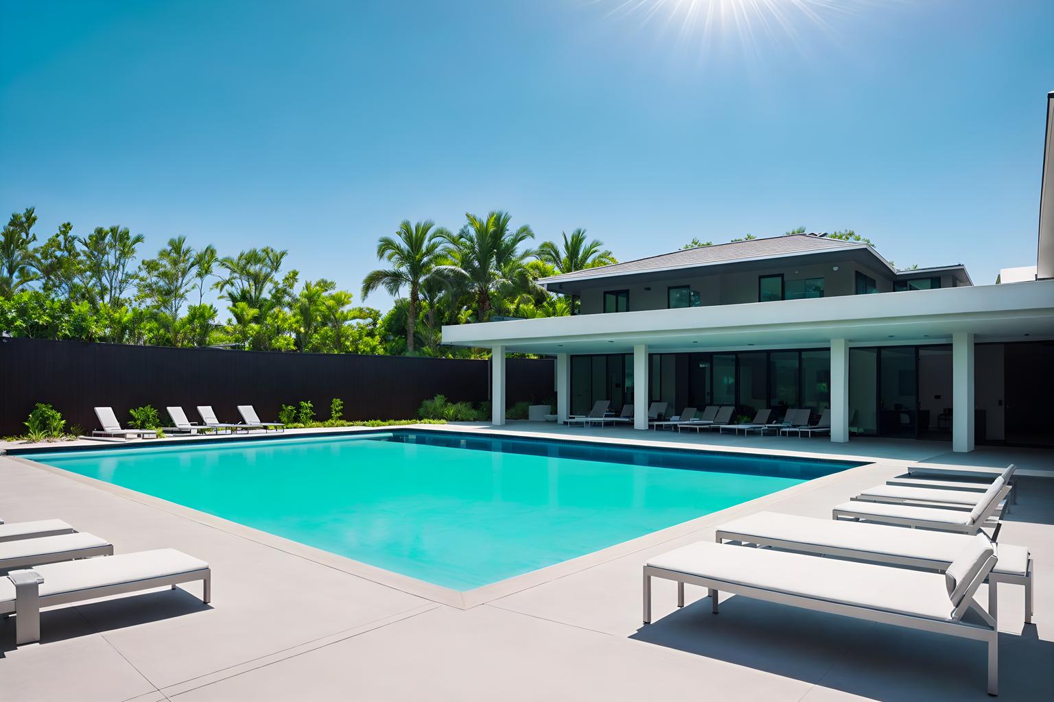 minimalist-style designed (outdoor pool area ) with pool and pool lights and pool lounge chairs and pool. . with lots of light and focus on the shape, colour and texture of just a few of essential elements and clean lines and a monochromatic palette with colour used as an accent and an open floor plan and functional furniture and lots of light. . cinematic photo, highly detailed, cinematic lighting, ultra-detailed, ultrarealistic, photorealism, 8k. minimalist design style. masterpiece, cinematic light, ultrarealistic+, photorealistic+, 8k, raw photo, realistic, sharp focus on eyes, (symmetrical eyes), (intact eyes), hyperrealistic, highest quality, best quality, , highly detailed, masterpiece, best quality, extremely detailed 8k wallpaper, masterpiece, best quality, ultra-detailed, best shadow, detailed background, detailed face, detailed eyes, high contrast, best illumination, detailed face, dulux, caustic, dynamic angle, detailed glow. dramatic lighting. highly detailed, insanely detailed hair, symmetrical, intricate details, professionally retouched, 8k high definition. strong bokeh. award winning photo.