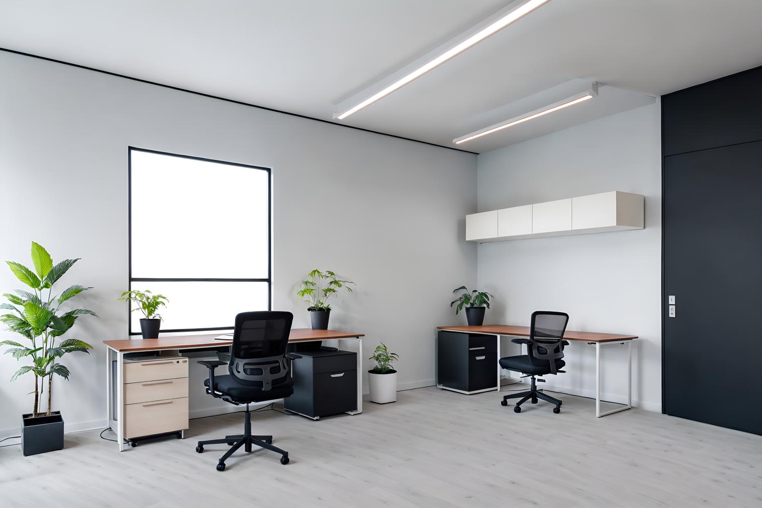 minimalist-style (office interior) with office chairs and seating area with sofa and cabinets and desk lamps and plants and computer desks and lounge chairs and office desks. . with clean lines and an open floor plan and focus on the shape, colour and texture of just a few of essential elements and functional furniture and a monochromatic palette with colour used as an accent and lots of light and clean lines. . cinematic photo, highly detailed, cinematic lighting, ultra-detailed, ultrarealistic, photorealism, 8k. minimalist interior design style. masterpiece, cinematic light, ultrarealistic+, photorealistic+, 8k, raw photo, realistic, sharp focus on eyes, (symmetrical eyes), (intact eyes), hyperrealistic, highest quality, best quality, , highly detailed, masterpiece, best quality, extremely detailed 8k wallpaper, masterpiece, best quality, ultra-detailed, best shadow, detailed background, detailed face, detailed eyes, high contrast, best illumination, detailed face, dulux, caustic, dynamic angle, detailed glow. dramatic lighting. highly detailed, insanely detailed hair, symmetrical, intricate details, professionally retouched, 8k high definition. strong bokeh. award winning photo.