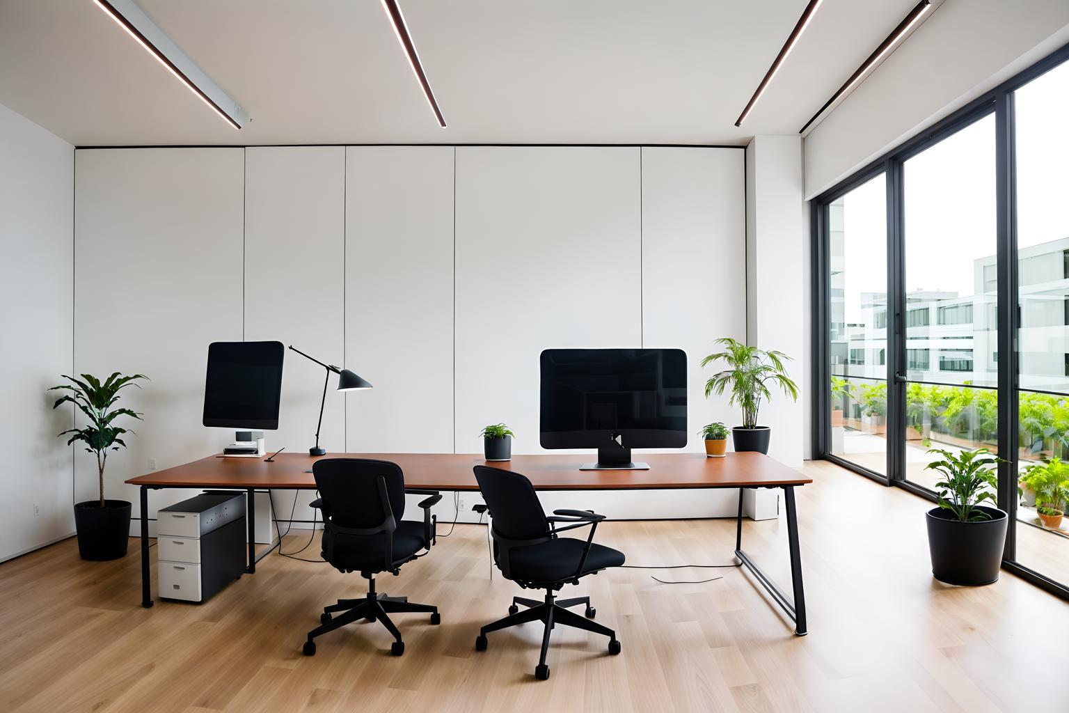 minimalist-style (office interior) with office chairs and seating area with sofa and cabinets and desk lamps and plants and computer desks and lounge chairs and office desks. . with clean lines and an open floor plan and focus on the shape, colour and texture of just a few of essential elements and functional furniture and a monochromatic palette with colour used as an accent and lots of light and clean lines. . cinematic photo, highly detailed, cinematic lighting, ultra-detailed, ultrarealistic, photorealism, 8k. minimalist interior design style. masterpiece, cinematic light, ultrarealistic+, photorealistic+, 8k, raw photo, realistic, sharp focus on eyes, (symmetrical eyes), (intact eyes), hyperrealistic, highest quality, best quality, , highly detailed, masterpiece, best quality, extremely detailed 8k wallpaper, masterpiece, best quality, ultra-detailed, best shadow, detailed background, detailed face, detailed eyes, high contrast, best illumination, detailed face, dulux, caustic, dynamic angle, detailed glow. dramatic lighting. highly detailed, insanely detailed hair, symmetrical, intricate details, professionally retouched, 8k high definition. strong bokeh. award winning photo.