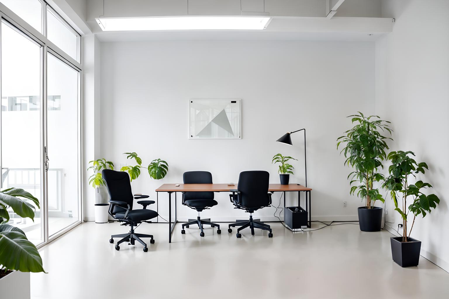 minimalist-style (office interior) with office chairs and seating area with sofa and cabinets and desk lamps and plants and computer desks and lounge chairs and office desks. . with clean lines and an open floor plan and focus on the shape, colour and texture of just a few of essential elements and functional furniture and a monochromatic palette with colour used as an accent and lots of light and clean lines. . cinematic photo, highly detailed, cinematic lighting, ultra-detailed, ultrarealistic, photorealism, 8k. minimalist interior design style. masterpiece, cinematic light, ultrarealistic+, photorealistic+, 8k, raw photo, realistic, sharp focus on eyes, (symmetrical eyes), (intact eyes), hyperrealistic, highest quality, best quality, , highly detailed, masterpiece, best quality, extremely detailed 8k wallpaper, masterpiece, best quality, ultra-detailed, best shadow, detailed background, detailed face, detailed eyes, high contrast, best illumination, detailed face, dulux, caustic, dynamic angle, detailed glow. dramatic lighting. highly detailed, insanely detailed hair, symmetrical, intricate details, professionally retouched, 8k high definition. strong bokeh. award winning photo.