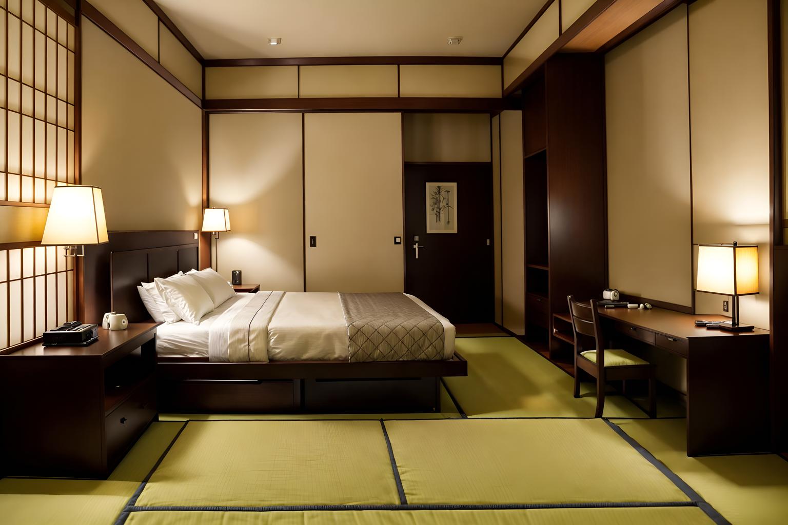 japanese design-style (hotel room interior) with hotel bathroom and bedside table or night stand and working desk with desk chair and night light and accent chair and mirror and storage bench or ottoman and dresser closet. . with . . cinematic photo, highly detailed, cinematic lighting, ultra-detailed, ultrarealistic, photorealism, 8k. japanese design interior design style. masterpiece, cinematic light, ultrarealistic+, photorealistic+, 8k, raw photo, realistic, sharp focus on eyes, (symmetrical eyes), (intact eyes), hyperrealistic, highest quality, best quality, , highly detailed, masterpiece, best quality, extremely detailed 8k wallpaper, masterpiece, best quality, ultra-detailed, best shadow, detailed background, detailed face, detailed eyes, high contrast, best illumination, detailed face, dulux, caustic, dynamic angle, detailed glow. dramatic lighting. highly detailed, insanely detailed hair, symmetrical, intricate details, professionally retouched, 8k high definition. strong bokeh. award winning photo.