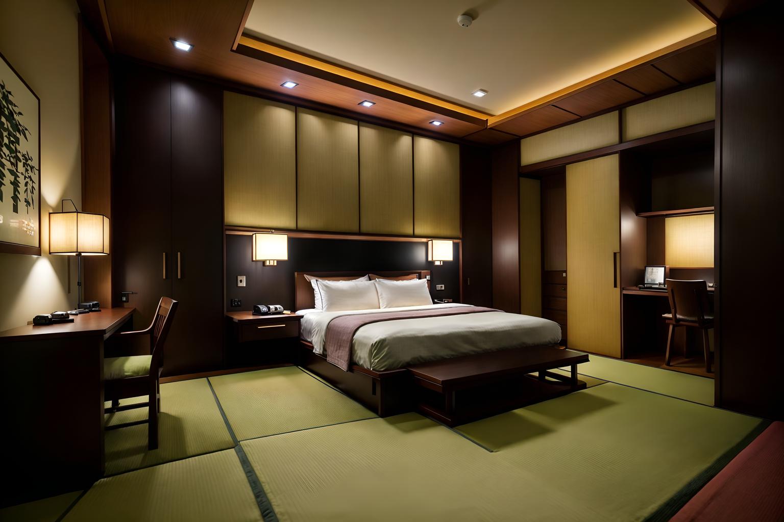 japanese design-style (hotel room interior) with hotel bathroom and bedside table or night stand and working desk with desk chair and night light and accent chair and mirror and storage bench or ottoman and dresser closet. . with . . cinematic photo, highly detailed, cinematic lighting, ultra-detailed, ultrarealistic, photorealism, 8k. japanese design interior design style. masterpiece, cinematic light, ultrarealistic+, photorealistic+, 8k, raw photo, realistic, sharp focus on eyes, (symmetrical eyes), (intact eyes), hyperrealistic, highest quality, best quality, , highly detailed, masterpiece, best quality, extremely detailed 8k wallpaper, masterpiece, best quality, ultra-detailed, best shadow, detailed background, detailed face, detailed eyes, high contrast, best illumination, detailed face, dulux, caustic, dynamic angle, detailed glow. dramatic lighting. highly detailed, insanely detailed hair, symmetrical, intricate details, professionally retouched, 8k high definition. strong bokeh. award winning photo.