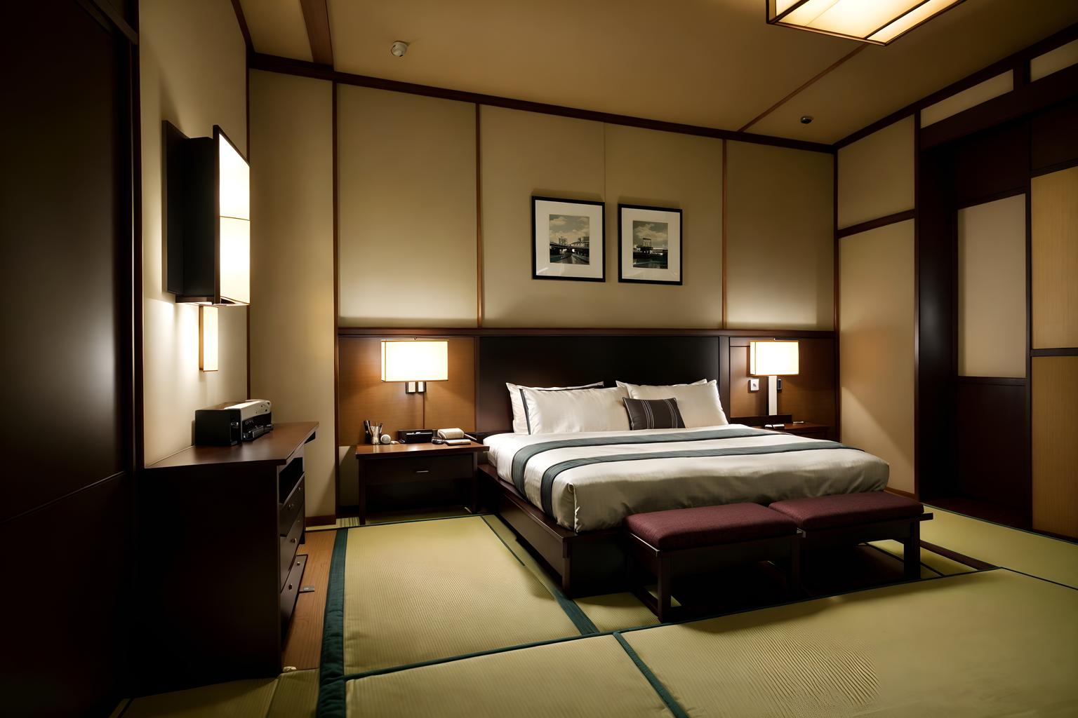 japanese design-style (hotel room interior) with hotel bathroom and bedside table or night stand and working desk with desk chair and night light and accent chair and mirror and storage bench or ottoman and dresser closet. . with . . cinematic photo, highly detailed, cinematic lighting, ultra-detailed, ultrarealistic, photorealism, 8k. japanese design interior design style. masterpiece, cinematic light, ultrarealistic+, photorealistic+, 8k, raw photo, realistic, sharp focus on eyes, (symmetrical eyes), (intact eyes), hyperrealistic, highest quality, best quality, , highly detailed, masterpiece, best quality, extremely detailed 8k wallpaper, masterpiece, best quality, ultra-detailed, best shadow, detailed background, detailed face, detailed eyes, high contrast, best illumination, detailed face, dulux, caustic, dynamic angle, detailed glow. dramatic lighting. highly detailed, insanely detailed hair, symmetrical, intricate details, professionally retouched, 8k high definition. strong bokeh. award winning photo.