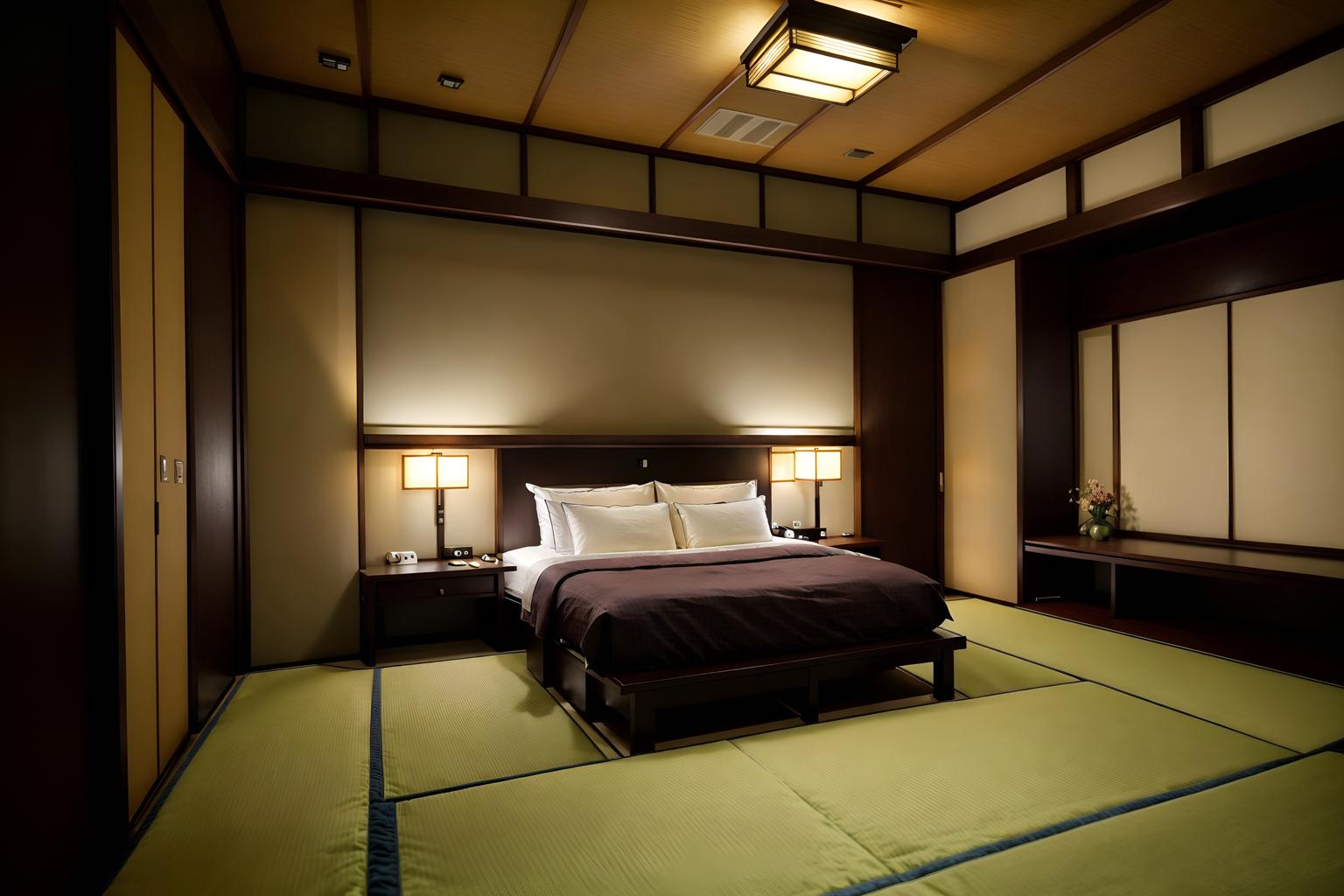 japanese design-style (hotel room interior) with hotel bathroom and bedside table or night stand and working desk with desk chair and night light and accent chair and mirror and storage bench or ottoman and dresser closet. . with . . cinematic photo, highly detailed, cinematic lighting, ultra-detailed, ultrarealistic, photorealism, 8k. japanese design interior design style. masterpiece, cinematic light, ultrarealistic+, photorealistic+, 8k, raw photo, realistic, sharp focus on eyes, (symmetrical eyes), (intact eyes), hyperrealistic, highest quality, best quality, , highly detailed, masterpiece, best quality, extremely detailed 8k wallpaper, masterpiece, best quality, ultra-detailed, best shadow, detailed background, detailed face, detailed eyes, high contrast, best illumination, detailed face, dulux, caustic, dynamic angle, detailed glow. dramatic lighting. highly detailed, insanely detailed hair, symmetrical, intricate details, professionally retouched, 8k high definition. strong bokeh. award winning photo.