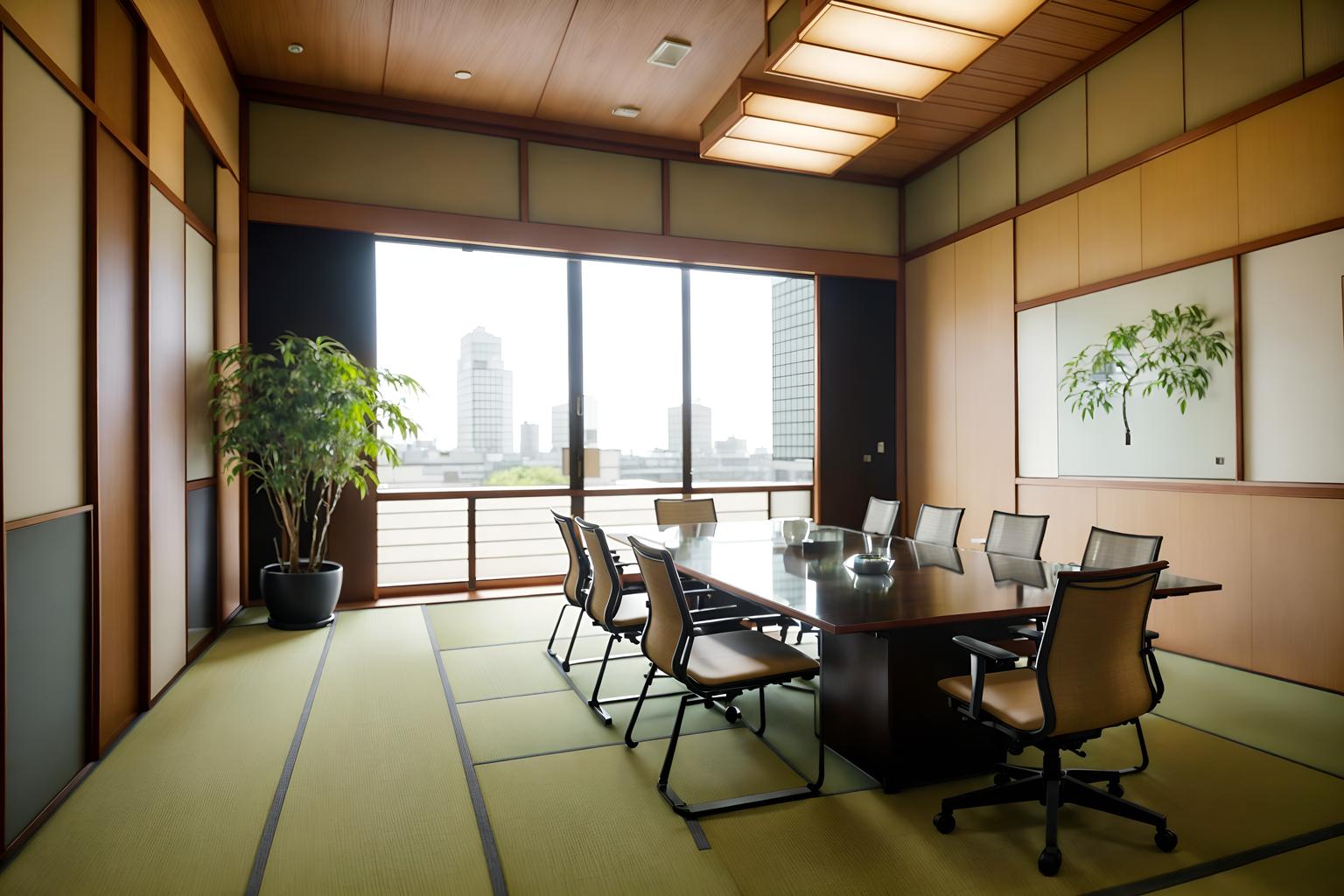 japanese design-style (meeting room interior) with cabinets and office chairs and painting or photo on wall and glass doors and boardroom table and glass walls and plant and vase. . with . . cinematic photo, highly detailed, cinematic lighting, ultra-detailed, ultrarealistic, photorealism, 8k. japanese design interior design style. masterpiece, cinematic light, ultrarealistic+, photorealistic+, 8k, raw photo, realistic, sharp focus on eyes, (symmetrical eyes), (intact eyes), hyperrealistic, highest quality, best quality, , highly detailed, masterpiece, best quality, extremely detailed 8k wallpaper, masterpiece, best quality, ultra-detailed, best shadow, detailed background, detailed face, detailed eyes, high contrast, best illumination, detailed face, dulux, caustic, dynamic angle, detailed glow. dramatic lighting. highly detailed, insanely detailed hair, symmetrical, intricate details, professionally retouched, 8k high definition. strong bokeh. award winning photo.
