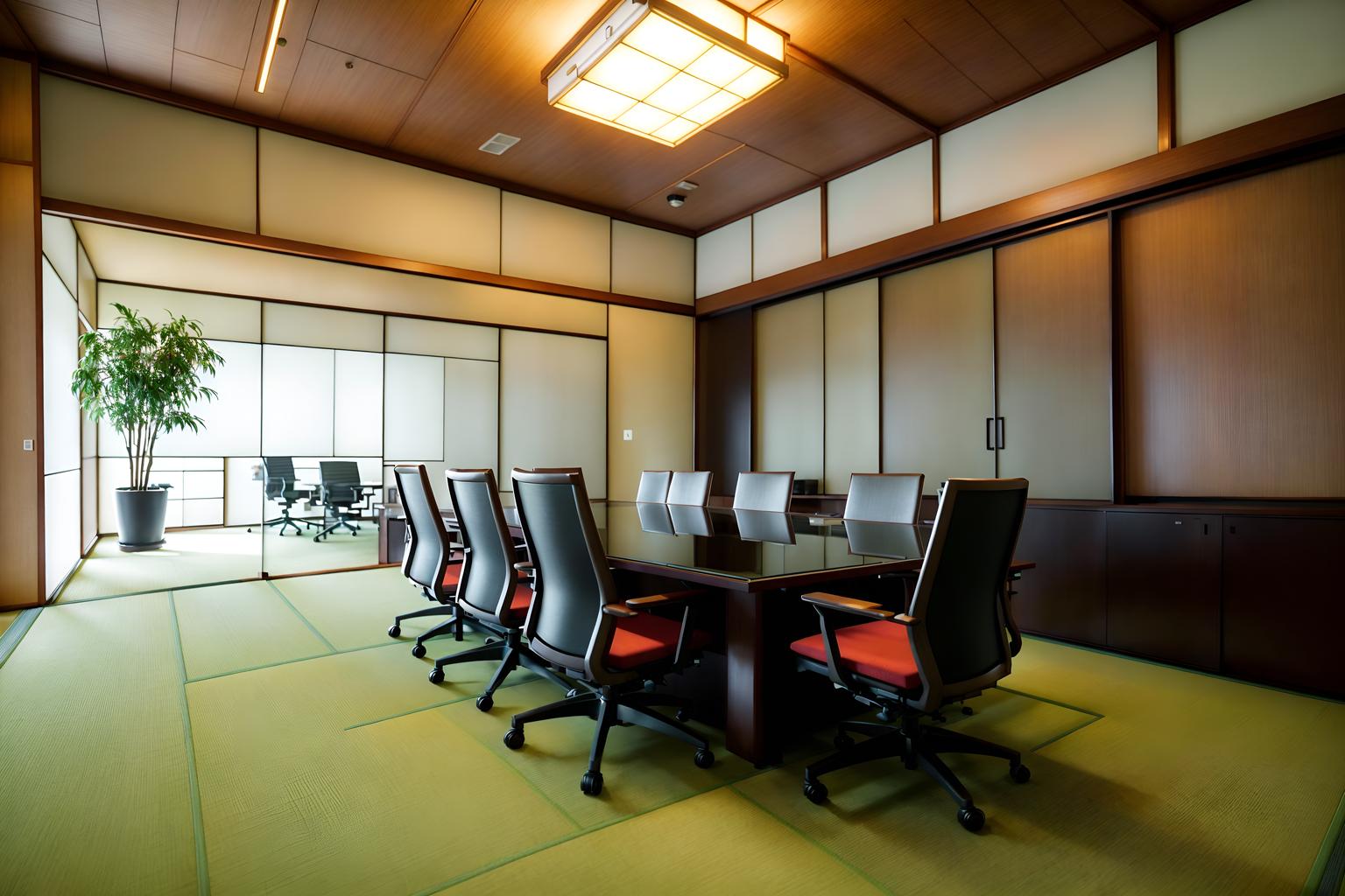 japanese design-style (meeting room interior) with cabinets and office chairs and painting or photo on wall and glass doors and boardroom table and glass walls and plant and vase. . with . . cinematic photo, highly detailed, cinematic lighting, ultra-detailed, ultrarealistic, photorealism, 8k. japanese design interior design style. masterpiece, cinematic light, ultrarealistic+, photorealistic+, 8k, raw photo, realistic, sharp focus on eyes, (symmetrical eyes), (intact eyes), hyperrealistic, highest quality, best quality, , highly detailed, masterpiece, best quality, extremely detailed 8k wallpaper, masterpiece, best quality, ultra-detailed, best shadow, detailed background, detailed face, detailed eyes, high contrast, best illumination, detailed face, dulux, caustic, dynamic angle, detailed glow. dramatic lighting. highly detailed, insanely detailed hair, symmetrical, intricate details, professionally retouched, 8k high definition. strong bokeh. award winning photo.