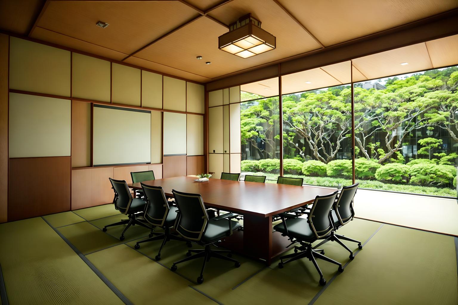 japanese design-style (meeting room interior) with cabinets and office chairs and painting or photo on wall and glass doors and boardroom table and glass walls and plant and vase. . with . . cinematic photo, highly detailed, cinematic lighting, ultra-detailed, ultrarealistic, photorealism, 8k. japanese design interior design style. masterpiece, cinematic light, ultrarealistic+, photorealistic+, 8k, raw photo, realistic, sharp focus on eyes, (symmetrical eyes), (intact eyes), hyperrealistic, highest quality, best quality, , highly detailed, masterpiece, best quality, extremely detailed 8k wallpaper, masterpiece, best quality, ultra-detailed, best shadow, detailed background, detailed face, detailed eyes, high contrast, best illumination, detailed face, dulux, caustic, dynamic angle, detailed glow. dramatic lighting. highly detailed, insanely detailed hair, symmetrical, intricate details, professionally retouched, 8k high definition. strong bokeh. award winning photo.