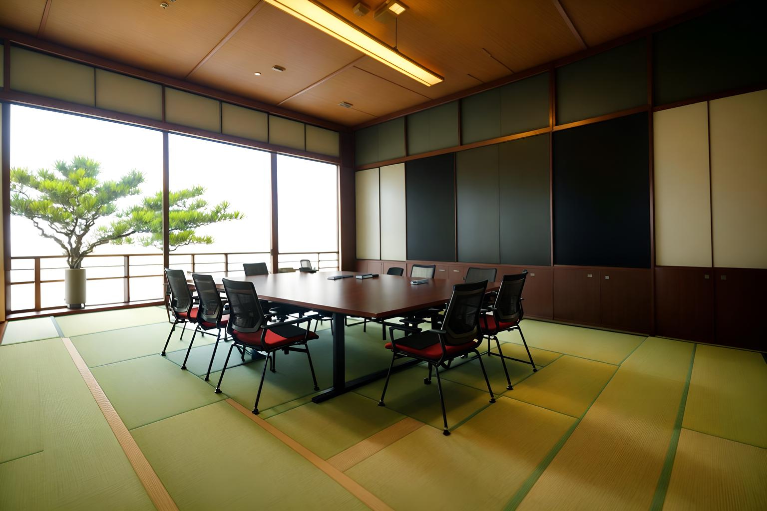 japanese design-style (meeting room interior) with cabinets and office chairs and painting or photo on wall and glass doors and boardroom table and glass walls and plant and vase. . with . . cinematic photo, highly detailed, cinematic lighting, ultra-detailed, ultrarealistic, photorealism, 8k. japanese design interior design style. masterpiece, cinematic light, ultrarealistic+, photorealistic+, 8k, raw photo, realistic, sharp focus on eyes, (symmetrical eyes), (intact eyes), hyperrealistic, highest quality, best quality, , highly detailed, masterpiece, best quality, extremely detailed 8k wallpaper, masterpiece, best quality, ultra-detailed, best shadow, detailed background, detailed face, detailed eyes, high contrast, best illumination, detailed face, dulux, caustic, dynamic angle, detailed glow. dramatic lighting. highly detailed, insanely detailed hair, symmetrical, intricate details, professionally retouched, 8k high definition. strong bokeh. award winning photo.