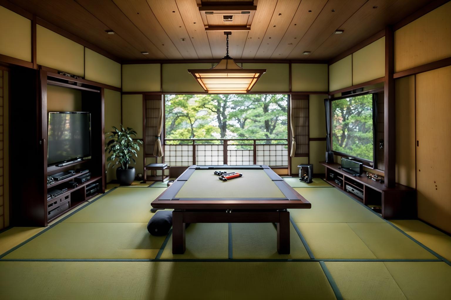 japanese design-style (gaming room interior) . with . . cinematic photo, highly detailed, cinematic lighting, ultra-detailed, ultrarealistic, photorealism, 8k. japanese design interior design style. masterpiece, cinematic light, ultrarealistic+, photorealistic+, 8k, raw photo, realistic, sharp focus on eyes, (symmetrical eyes), (intact eyes), hyperrealistic, highest quality, best quality, , highly detailed, masterpiece, best quality, extremely detailed 8k wallpaper, masterpiece, best quality, ultra-detailed, best shadow, detailed background, detailed face, detailed eyes, high contrast, best illumination, detailed face, dulux, caustic, dynamic angle, detailed glow. dramatic lighting. highly detailed, insanely detailed hair, symmetrical, intricate details, professionally retouched, 8k high definition. strong bokeh. award winning photo.