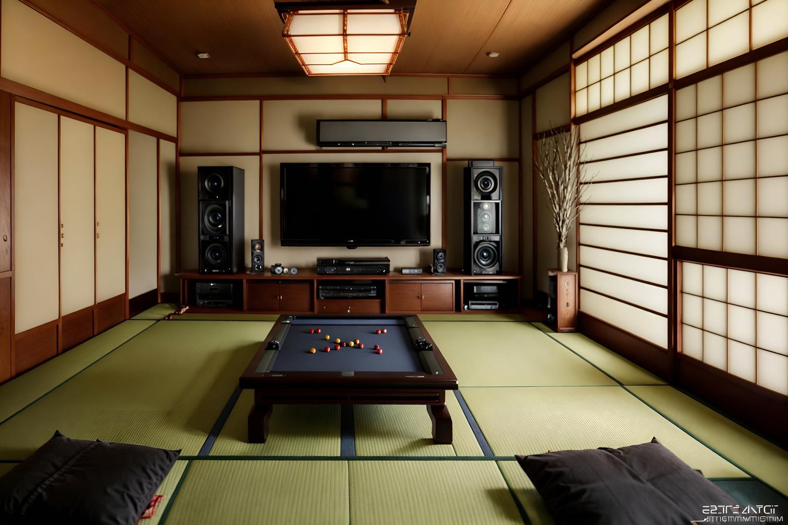 japanese design-style (gaming room interior) . with . . cinematic photo, highly detailed, cinematic lighting, ultra-detailed, ultrarealistic, photorealism, 8k. japanese design interior design style. masterpiece, cinematic light, ultrarealistic+, photorealistic+, 8k, raw photo, realistic, sharp focus on eyes, (symmetrical eyes), (intact eyes), hyperrealistic, highest quality, best quality, , highly detailed, masterpiece, best quality, extremely detailed 8k wallpaper, masterpiece, best quality, ultra-detailed, best shadow, detailed background, detailed face, detailed eyes, high contrast, best illumination, detailed face, dulux, caustic, dynamic angle, detailed glow. dramatic lighting. highly detailed, insanely detailed hair, symmetrical, intricate details, professionally retouched, 8k high definition. strong bokeh. award winning photo.