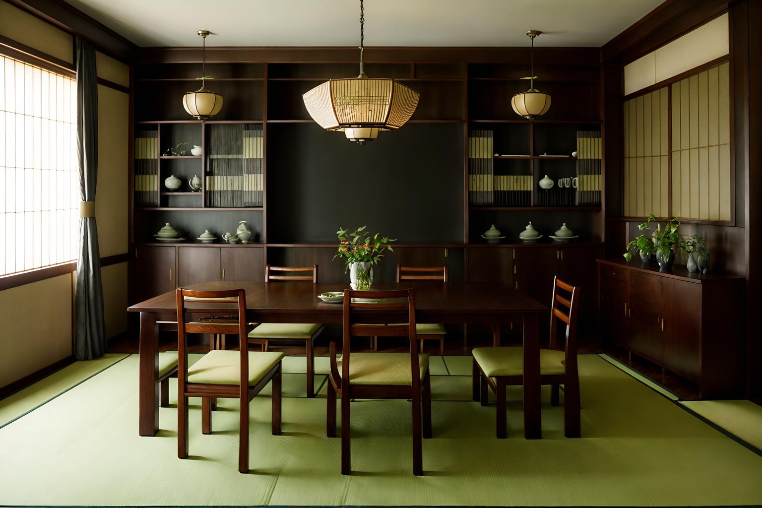 japanese design-style (dining room interior) with bookshelves and dining table chairs and vase and plant and dining table and painting or photo on wall and light or chandelier and table cloth. . with . . cinematic photo, highly detailed, cinematic lighting, ultra-detailed, ultrarealistic, photorealism, 8k. japanese design interior design style. masterpiece, cinematic light, ultrarealistic+, photorealistic+, 8k, raw photo, realistic, sharp focus on eyes, (symmetrical eyes), (intact eyes), hyperrealistic, highest quality, best quality, , highly detailed, masterpiece, best quality, extremely detailed 8k wallpaper, masterpiece, best quality, ultra-detailed, best shadow, detailed background, detailed face, detailed eyes, high contrast, best illumination, detailed face, dulux, caustic, dynamic angle, detailed glow. dramatic lighting. highly detailed, insanely detailed hair, symmetrical, intricate details, professionally retouched, 8k high definition. strong bokeh. award winning photo.