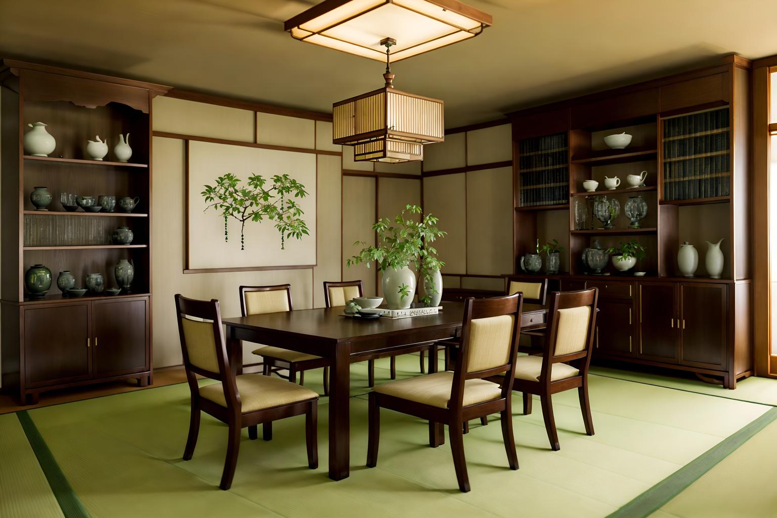 japanese design-style (dining room interior) with bookshelves and dining table chairs and vase and plant and dining table and painting or photo on wall and light or chandelier and table cloth. . with . . cinematic photo, highly detailed, cinematic lighting, ultra-detailed, ultrarealistic, photorealism, 8k. japanese design interior design style. masterpiece, cinematic light, ultrarealistic+, photorealistic+, 8k, raw photo, realistic, sharp focus on eyes, (symmetrical eyes), (intact eyes), hyperrealistic, highest quality, best quality, , highly detailed, masterpiece, best quality, extremely detailed 8k wallpaper, masterpiece, best quality, ultra-detailed, best shadow, detailed background, detailed face, detailed eyes, high contrast, best illumination, detailed face, dulux, caustic, dynamic angle, detailed glow. dramatic lighting. highly detailed, insanely detailed hair, symmetrical, intricate details, professionally retouched, 8k high definition. strong bokeh. award winning photo.