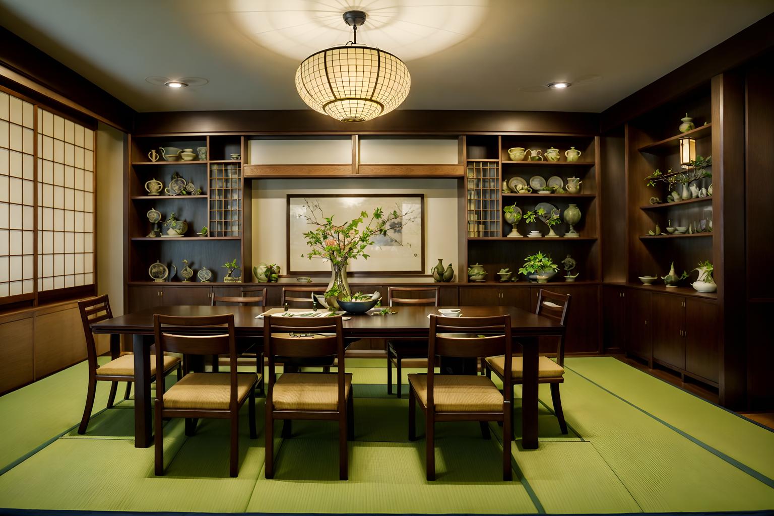 japanese design-style (dining room interior) with bookshelves and dining table chairs and vase and plant and dining table and painting or photo on wall and light or chandelier and table cloth. . with . . cinematic photo, highly detailed, cinematic lighting, ultra-detailed, ultrarealistic, photorealism, 8k. japanese design interior design style. masterpiece, cinematic light, ultrarealistic+, photorealistic+, 8k, raw photo, realistic, sharp focus on eyes, (symmetrical eyes), (intact eyes), hyperrealistic, highest quality, best quality, , highly detailed, masterpiece, best quality, extremely detailed 8k wallpaper, masterpiece, best quality, ultra-detailed, best shadow, detailed background, detailed face, detailed eyes, high contrast, best illumination, detailed face, dulux, caustic, dynamic angle, detailed glow. dramatic lighting. highly detailed, insanely detailed hair, symmetrical, intricate details, professionally retouched, 8k high definition. strong bokeh. award winning photo.