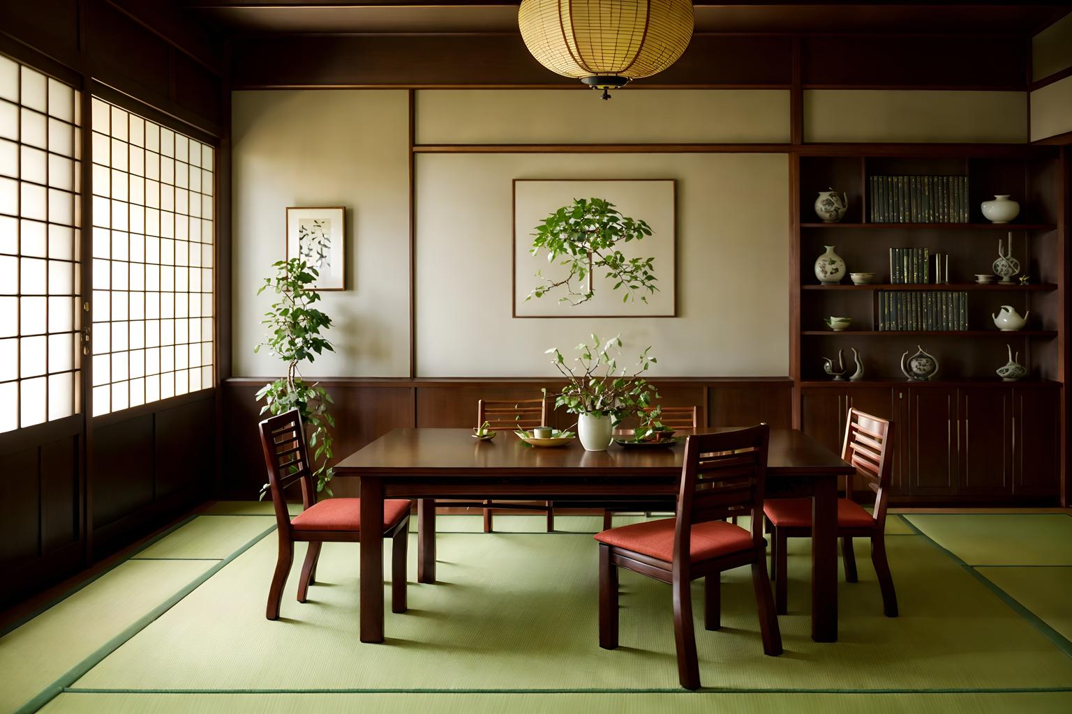 japanese design-style (dining room interior) with bookshelves and dining table chairs and vase and plant and dining table and painting or photo on wall and light or chandelier and table cloth. . with . . cinematic photo, highly detailed, cinematic lighting, ultra-detailed, ultrarealistic, photorealism, 8k. japanese design interior design style. masterpiece, cinematic light, ultrarealistic+, photorealistic+, 8k, raw photo, realistic, sharp focus on eyes, (symmetrical eyes), (intact eyes), hyperrealistic, highest quality, best quality, , highly detailed, masterpiece, best quality, extremely detailed 8k wallpaper, masterpiece, best quality, ultra-detailed, best shadow, detailed background, detailed face, detailed eyes, high contrast, best illumination, detailed face, dulux, caustic, dynamic angle, detailed glow. dramatic lighting. highly detailed, insanely detailed hair, symmetrical, intricate details, professionally retouched, 8k high definition. strong bokeh. award winning photo.