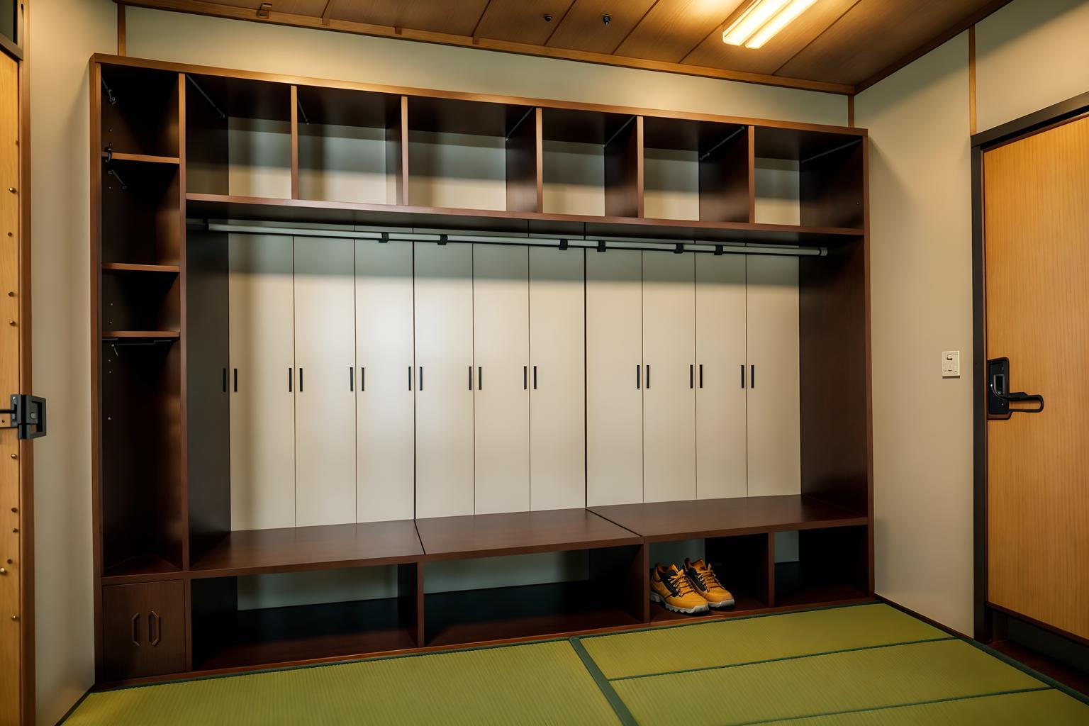 japanese design-style (drop zone interior) with cubbies and wall hooks for coats and high up storage and a bench and shelves for shoes and lockers and cabinets and storage baskets. . with . . cinematic photo, highly detailed, cinematic lighting, ultra-detailed, ultrarealistic, photorealism, 8k. japanese design interior design style. masterpiece, cinematic light, ultrarealistic+, photorealistic+, 8k, raw photo, realistic, sharp focus on eyes, (symmetrical eyes), (intact eyes), hyperrealistic, highest quality, best quality, , highly detailed, masterpiece, best quality, extremely detailed 8k wallpaper, masterpiece, best quality, ultra-detailed, best shadow, detailed background, detailed face, detailed eyes, high contrast, best illumination, detailed face, dulux, caustic, dynamic angle, detailed glow. dramatic lighting. highly detailed, insanely detailed hair, symmetrical, intricate details, professionally retouched, 8k high definition. strong bokeh. award winning photo.