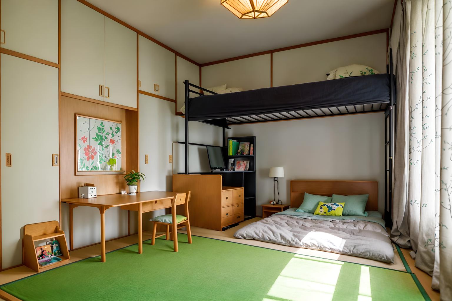 japanese design-style (kids room interior) with kids desk and mirror and plant and night light and storage bench or ottoman and bedside table or night stand and bed and accent chair. . with . . cinematic photo, highly detailed, cinematic lighting, ultra-detailed, ultrarealistic, photorealism, 8k. japanese design interior design style. masterpiece, cinematic light, ultrarealistic+, photorealistic+, 8k, raw photo, realistic, sharp focus on eyes, (symmetrical eyes), (intact eyes), hyperrealistic, highest quality, best quality, , highly detailed, masterpiece, best quality, extremely detailed 8k wallpaper, masterpiece, best quality, ultra-detailed, best shadow, detailed background, detailed face, detailed eyes, high contrast, best illumination, detailed face, dulux, caustic, dynamic angle, detailed glow. dramatic lighting. highly detailed, insanely detailed hair, symmetrical, intricate details, professionally retouched, 8k high definition. strong bokeh. award winning photo.