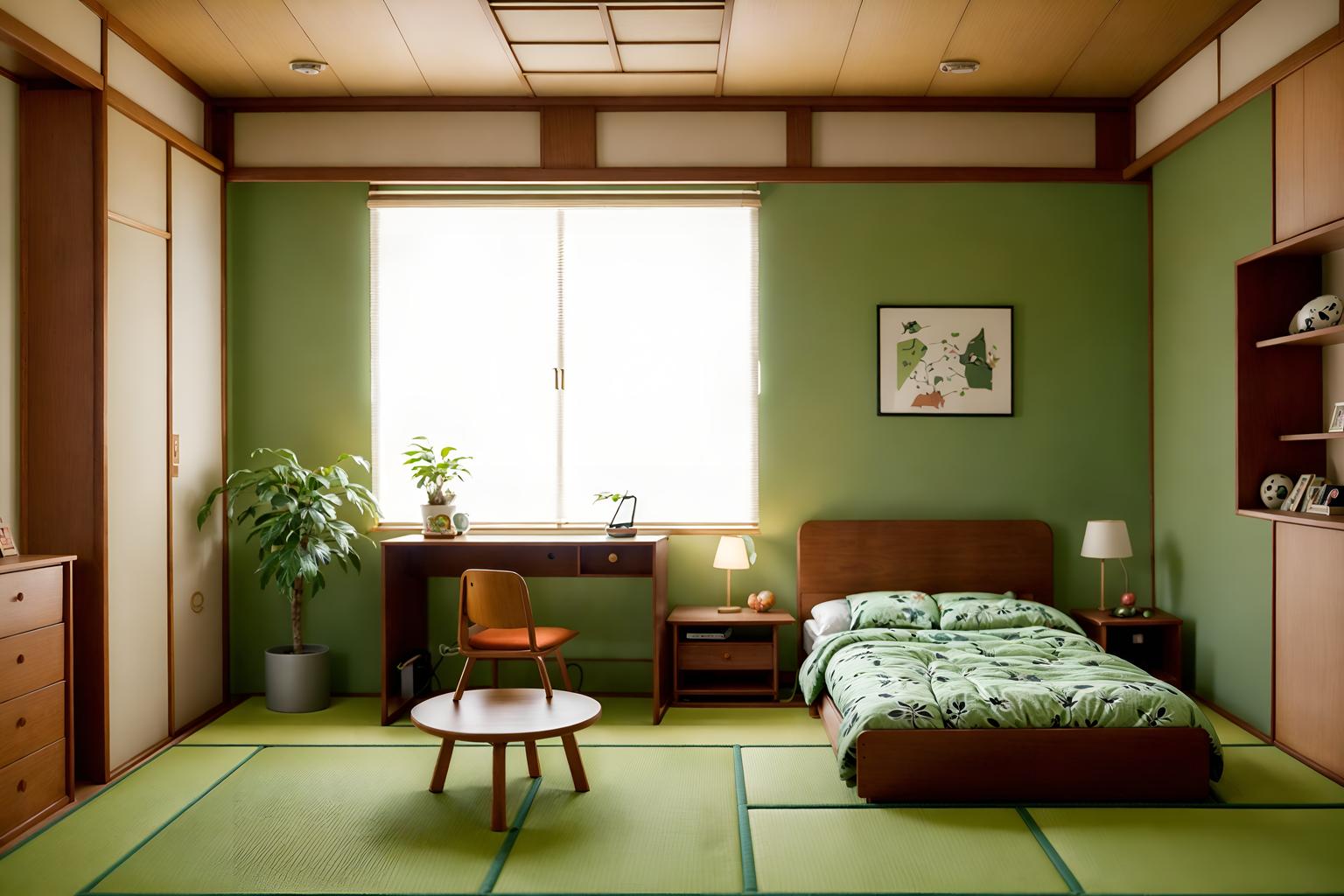 japanese design-style (kids room interior) with kids desk and mirror and plant and night light and storage bench or ottoman and bedside table or night stand and bed and accent chair. . with . . cinematic photo, highly detailed, cinematic lighting, ultra-detailed, ultrarealistic, photorealism, 8k. japanese design interior design style. masterpiece, cinematic light, ultrarealistic+, photorealistic+, 8k, raw photo, realistic, sharp focus on eyes, (symmetrical eyes), (intact eyes), hyperrealistic, highest quality, best quality, , highly detailed, masterpiece, best quality, extremely detailed 8k wallpaper, masterpiece, best quality, ultra-detailed, best shadow, detailed background, detailed face, detailed eyes, high contrast, best illumination, detailed face, dulux, caustic, dynamic angle, detailed glow. dramatic lighting. highly detailed, insanely detailed hair, symmetrical, intricate details, professionally retouched, 8k high definition. strong bokeh. award winning photo.