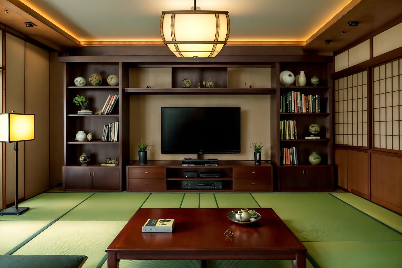 japanese design-style (living room interior) with bookshelves and televisions and chairs and electric lamps and sofa and occasional tables and plant and furniture. . with . . cinematic photo, highly detailed, cinematic lighting, ultra-detailed, ultrarealistic, photorealism, 8k. japanese design interior design style. masterpiece, cinematic light, ultrarealistic+, photorealistic+, 8k, raw photo, realistic, sharp focus on eyes, (symmetrical eyes), (intact eyes), hyperrealistic, highest quality, best quality, , highly detailed, masterpiece, best quality, extremely detailed 8k wallpaper, masterpiece, best quality, ultra-detailed, best shadow, detailed background, detailed face, detailed eyes, high contrast, best illumination, detailed face, dulux, caustic, dynamic angle, detailed glow. dramatic lighting. highly detailed, insanely detailed hair, symmetrical, intricate details, professionally retouched, 8k high definition. strong bokeh. award winning photo.