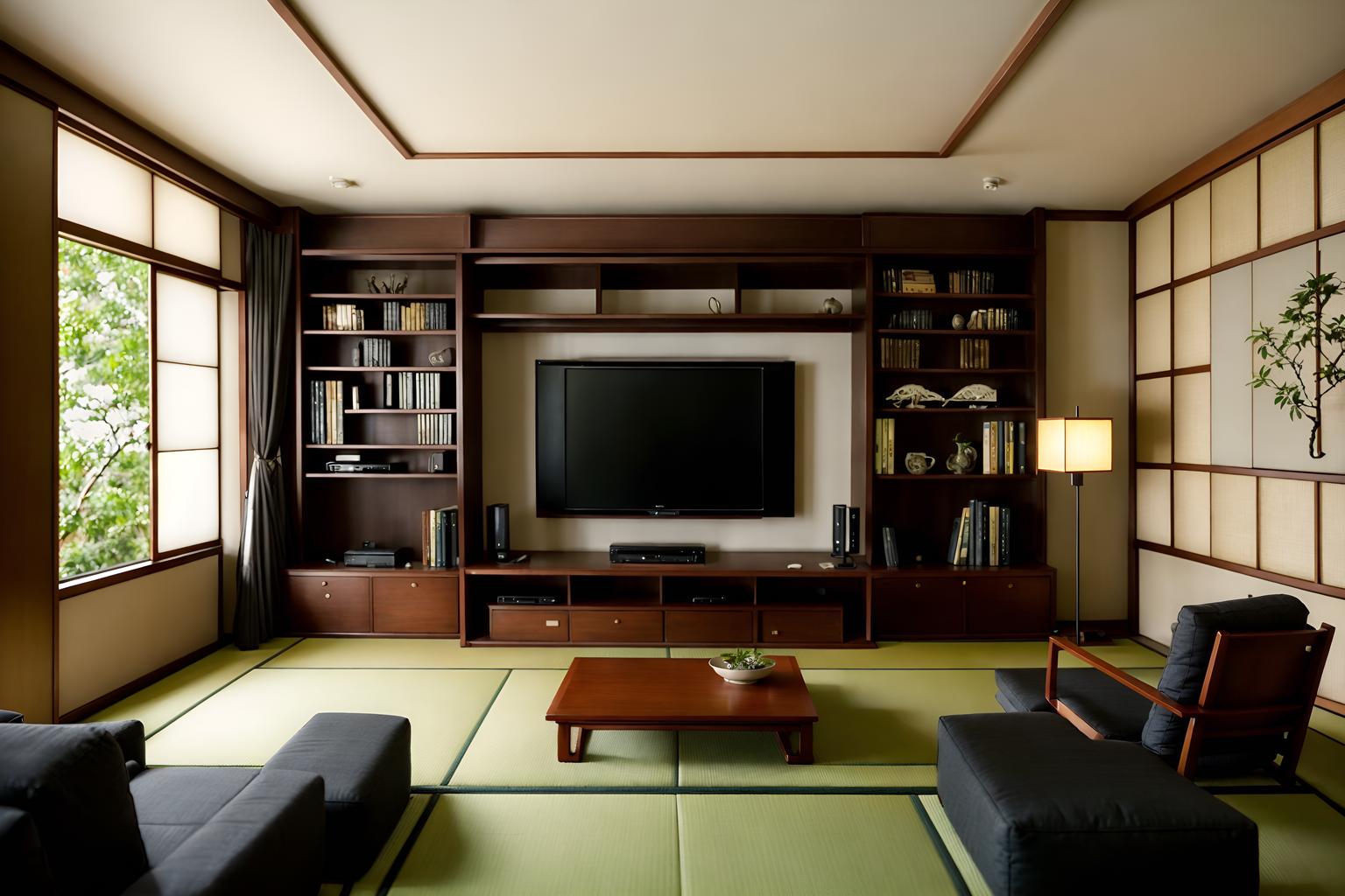 japanese design-style (living room interior) with bookshelves and televisions and chairs and electric lamps and sofa and occasional tables and plant and furniture. . with . . cinematic photo, highly detailed, cinematic lighting, ultra-detailed, ultrarealistic, photorealism, 8k. japanese design interior design style. masterpiece, cinematic light, ultrarealistic+, photorealistic+, 8k, raw photo, realistic, sharp focus on eyes, (symmetrical eyes), (intact eyes), hyperrealistic, highest quality, best quality, , highly detailed, masterpiece, best quality, extremely detailed 8k wallpaper, masterpiece, best quality, ultra-detailed, best shadow, detailed background, detailed face, detailed eyes, high contrast, best illumination, detailed face, dulux, caustic, dynamic angle, detailed glow. dramatic lighting. highly detailed, insanely detailed hair, symmetrical, intricate details, professionally retouched, 8k high definition. strong bokeh. award winning photo.