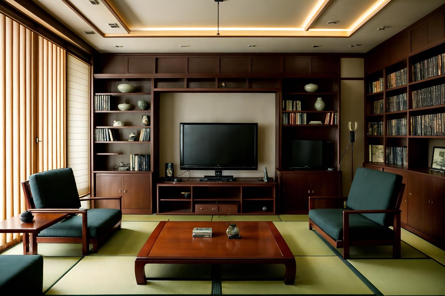japanese design-style (living room interior) with bookshelves and televisions and chairs and electric lamps and sofa and occasional tables and plant and furniture. . with . . cinematic photo, highly detailed, cinematic lighting, ultra-detailed, ultrarealistic, photorealism, 8k. japanese design interior design style. masterpiece, cinematic light, ultrarealistic+, photorealistic+, 8k, raw photo, realistic, sharp focus on eyes, (symmetrical eyes), (intact eyes), hyperrealistic, highest quality, best quality, , highly detailed, masterpiece, best quality, extremely detailed 8k wallpaper, masterpiece, best quality, ultra-detailed, best shadow, detailed background, detailed face, detailed eyes, high contrast, best illumination, detailed face, dulux, caustic, dynamic angle, detailed glow. dramatic lighting. highly detailed, insanely detailed hair, symmetrical, intricate details, professionally retouched, 8k high definition. strong bokeh. award winning photo.