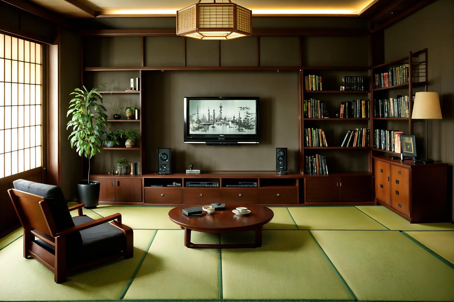 japanese design-style (living room interior) with bookshelves and televisions and chairs and electric lamps and sofa and occasional tables and plant and furniture. . with . . cinematic photo, highly detailed, cinematic lighting, ultra-detailed, ultrarealistic, photorealism, 8k. japanese design interior design style. masterpiece, cinematic light, ultrarealistic+, photorealistic+, 8k, raw photo, realistic, sharp focus on eyes, (symmetrical eyes), (intact eyes), hyperrealistic, highest quality, best quality, , highly detailed, masterpiece, best quality, extremely detailed 8k wallpaper, masterpiece, best quality, ultra-detailed, best shadow, detailed background, detailed face, detailed eyes, high contrast, best illumination, detailed face, dulux, caustic, dynamic angle, detailed glow. dramatic lighting. highly detailed, insanely detailed hair, symmetrical, intricate details, professionally retouched, 8k high definition. strong bokeh. award winning photo.