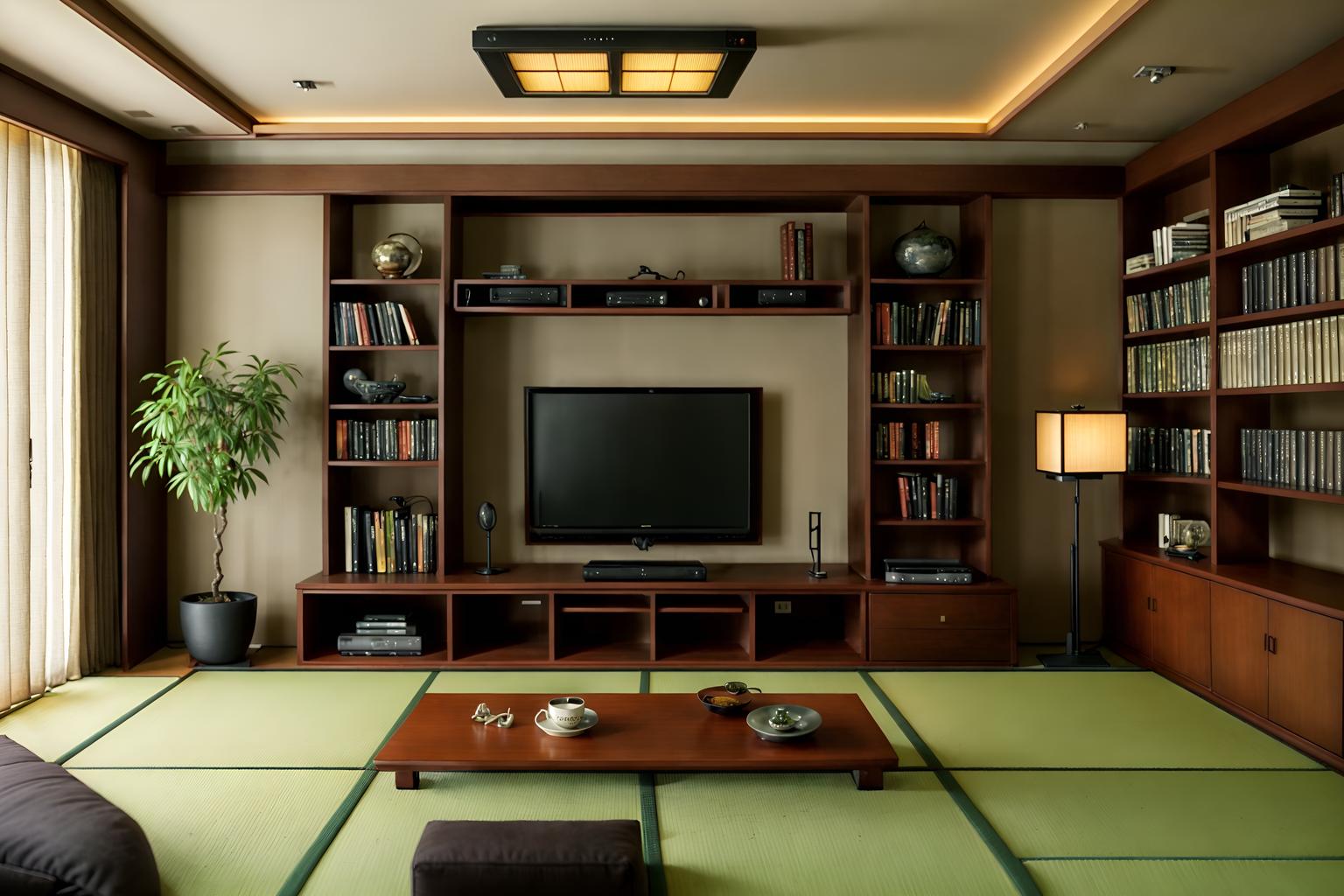 japanese design-style (living room interior) with bookshelves and televisions and chairs and electric lamps and sofa and occasional tables and plant and furniture. . with . . cinematic photo, highly detailed, cinematic lighting, ultra-detailed, ultrarealistic, photorealism, 8k. japanese design interior design style. masterpiece, cinematic light, ultrarealistic+, photorealistic+, 8k, raw photo, realistic, sharp focus on eyes, (symmetrical eyes), (intact eyes), hyperrealistic, highest quality, best quality, , highly detailed, masterpiece, best quality, extremely detailed 8k wallpaper, masterpiece, best quality, ultra-detailed, best shadow, detailed background, detailed face, detailed eyes, high contrast, best illumination, detailed face, dulux, caustic, dynamic angle, detailed glow. dramatic lighting. highly detailed, insanely detailed hair, symmetrical, intricate details, professionally retouched, 8k high definition. strong bokeh. award winning photo.