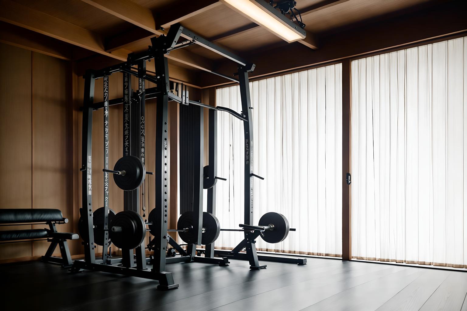 japanese design-style (fitness gym interior) with exercise bicycle and squat rack and crosstrainer and dumbbell stand and bench press and exercise bicycle. . with . . cinematic photo, highly detailed, cinematic lighting, ultra-detailed, ultrarealistic, photorealism, 8k. japanese design interior design style. masterpiece, cinematic light, ultrarealistic+, photorealistic+, 8k, raw photo, realistic, sharp focus on eyes, (symmetrical eyes), (intact eyes), hyperrealistic, highest quality, best quality, , highly detailed, masterpiece, best quality, extremely detailed 8k wallpaper, masterpiece, best quality, ultra-detailed, best shadow, detailed background, detailed face, detailed eyes, high contrast, best illumination, detailed face, dulux, caustic, dynamic angle, detailed glow. dramatic lighting. highly detailed, insanely detailed hair, symmetrical, intricate details, professionally retouched, 8k high definition. strong bokeh. award winning photo.