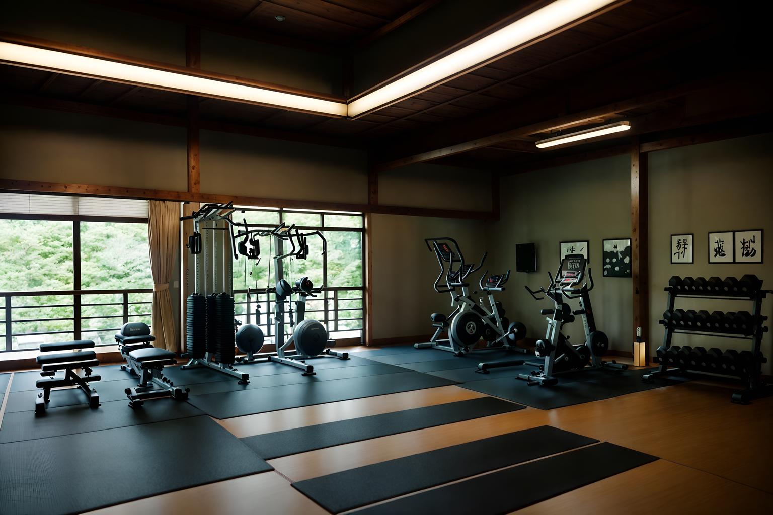japanese design-style (fitness gym interior) with exercise bicycle and squat rack and crosstrainer and dumbbell stand and bench press and exercise bicycle. . with . . cinematic photo, highly detailed, cinematic lighting, ultra-detailed, ultrarealistic, photorealism, 8k. japanese design interior design style. masterpiece, cinematic light, ultrarealistic+, photorealistic+, 8k, raw photo, realistic, sharp focus on eyes, (symmetrical eyes), (intact eyes), hyperrealistic, highest quality, best quality, , highly detailed, masterpiece, best quality, extremely detailed 8k wallpaper, masterpiece, best quality, ultra-detailed, best shadow, detailed background, detailed face, detailed eyes, high contrast, best illumination, detailed face, dulux, caustic, dynamic angle, detailed glow. dramatic lighting. highly detailed, insanely detailed hair, symmetrical, intricate details, professionally retouched, 8k high definition. strong bokeh. award winning photo.
