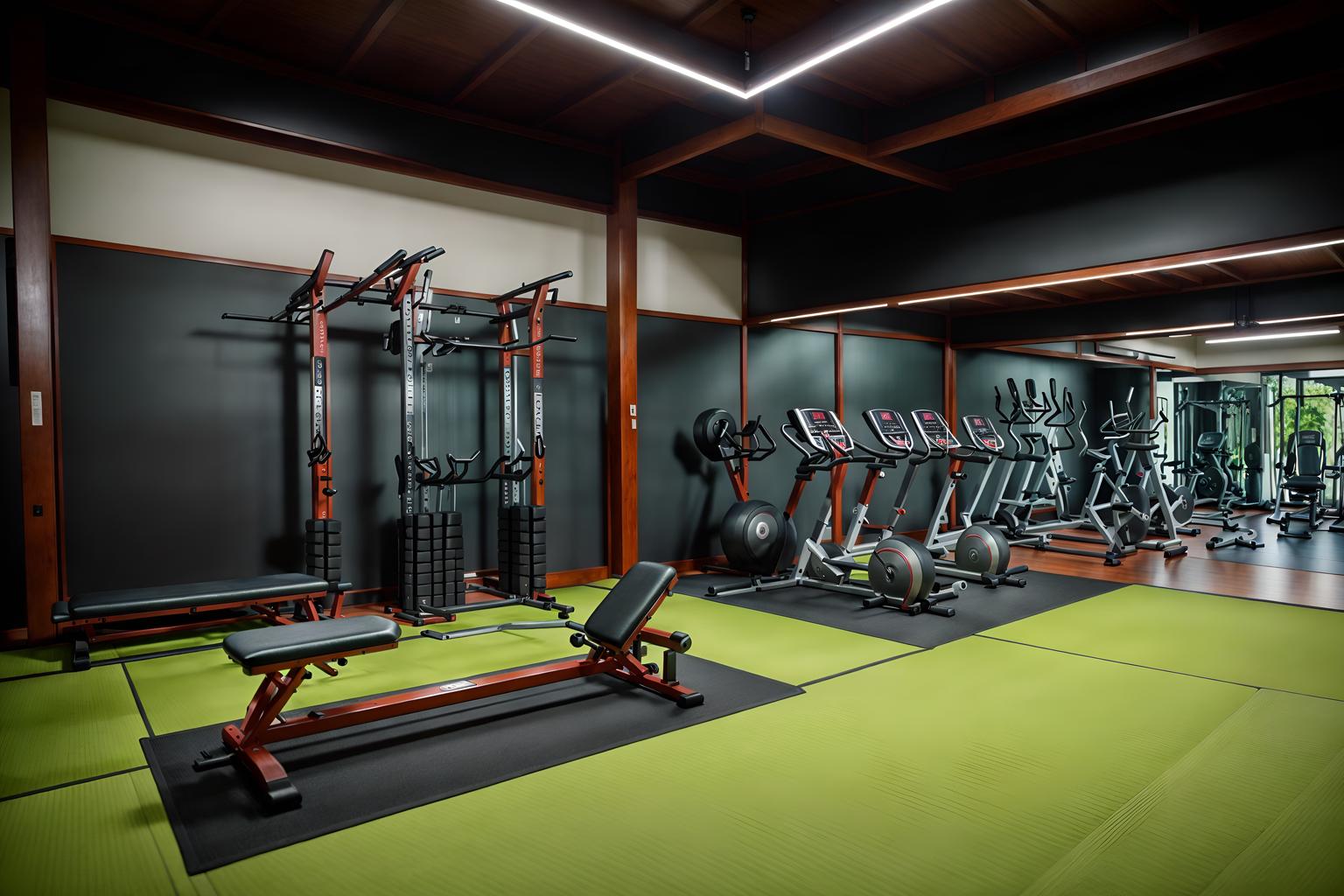 japanese design-style (fitness gym interior) with exercise bicycle and squat rack and crosstrainer and dumbbell stand and bench press and exercise bicycle. . with . . cinematic photo, highly detailed, cinematic lighting, ultra-detailed, ultrarealistic, photorealism, 8k. japanese design interior design style. masterpiece, cinematic light, ultrarealistic+, photorealistic+, 8k, raw photo, realistic, sharp focus on eyes, (symmetrical eyes), (intact eyes), hyperrealistic, highest quality, best quality, , highly detailed, masterpiece, best quality, extremely detailed 8k wallpaper, masterpiece, best quality, ultra-detailed, best shadow, detailed background, detailed face, detailed eyes, high contrast, best illumination, detailed face, dulux, caustic, dynamic angle, detailed glow. dramatic lighting. highly detailed, insanely detailed hair, symmetrical, intricate details, professionally retouched, 8k high definition. strong bokeh. award winning photo.