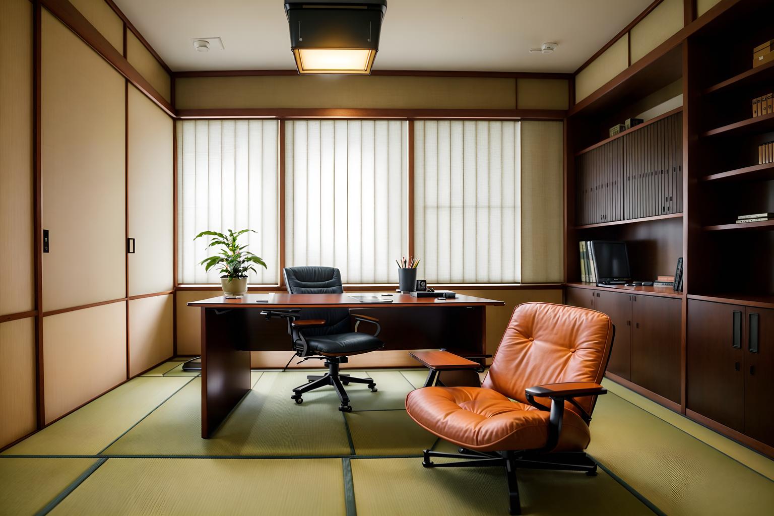 japanese design-style (study room interior) with office chair and lounge chair and desk lamp and cabinets and writing desk and bookshelves and plant and office chair. . with . . cinematic photo, highly detailed, cinematic lighting, ultra-detailed, ultrarealistic, photorealism, 8k. japanese design interior design style. masterpiece, cinematic light, ultrarealistic+, photorealistic+, 8k, raw photo, realistic, sharp focus on eyes, (symmetrical eyes), (intact eyes), hyperrealistic, highest quality, best quality, , highly detailed, masterpiece, best quality, extremely detailed 8k wallpaper, masterpiece, best quality, ultra-detailed, best shadow, detailed background, detailed face, detailed eyes, high contrast, best illumination, detailed face, dulux, caustic, dynamic angle, detailed glow. dramatic lighting. highly detailed, insanely detailed hair, symmetrical, intricate details, professionally retouched, 8k high definition. strong bokeh. award winning photo.