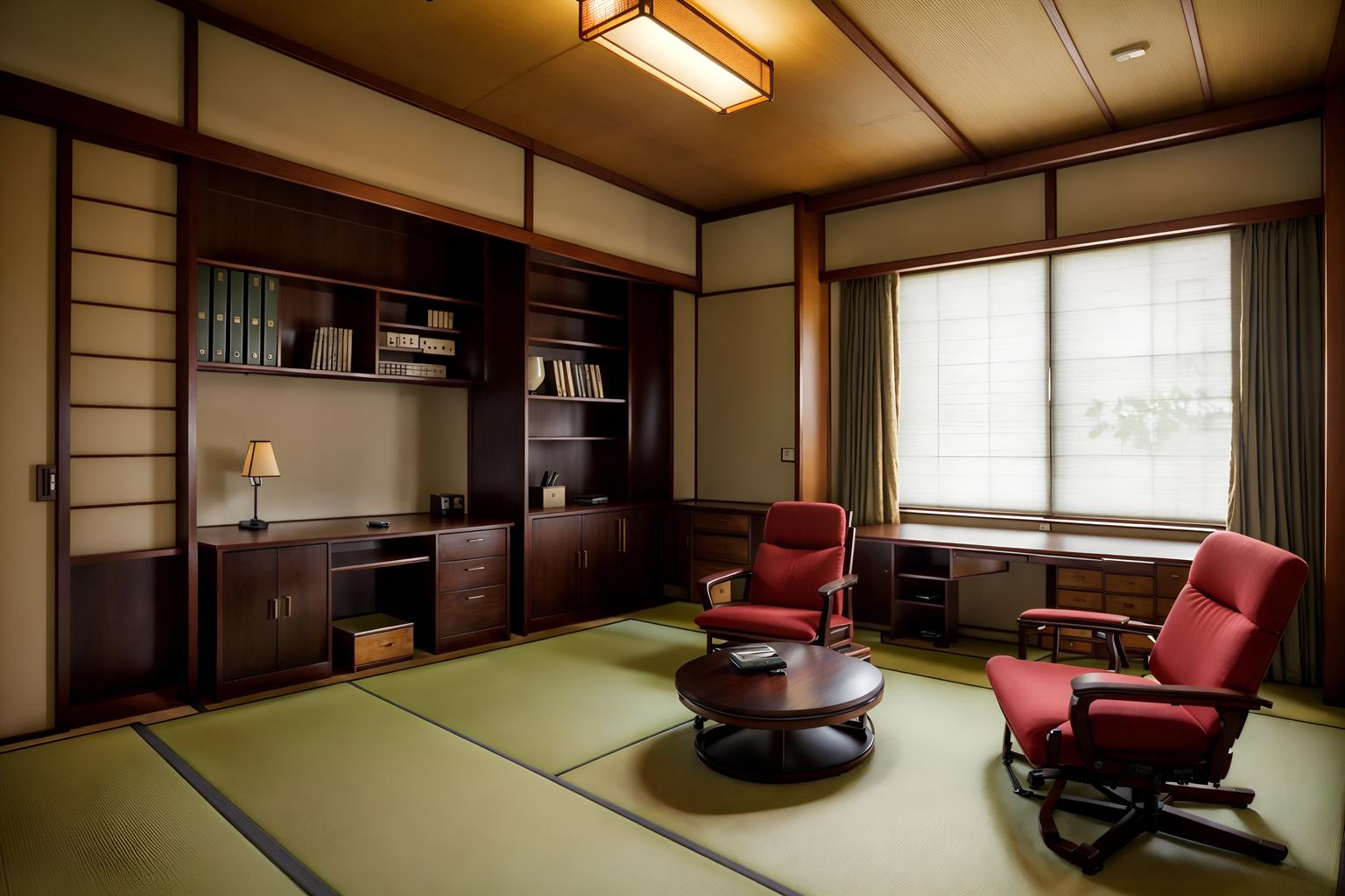 japanese design-style (study room interior) with office chair and lounge chair and desk lamp and cabinets and writing desk and bookshelves and plant and office chair. . with . . cinematic photo, highly detailed, cinematic lighting, ultra-detailed, ultrarealistic, photorealism, 8k. japanese design interior design style. masterpiece, cinematic light, ultrarealistic+, photorealistic+, 8k, raw photo, realistic, sharp focus on eyes, (symmetrical eyes), (intact eyes), hyperrealistic, highest quality, best quality, , highly detailed, masterpiece, best quality, extremely detailed 8k wallpaper, masterpiece, best quality, ultra-detailed, best shadow, detailed background, detailed face, detailed eyes, high contrast, best illumination, detailed face, dulux, caustic, dynamic angle, detailed glow. dramatic lighting. highly detailed, insanely detailed hair, symmetrical, intricate details, professionally retouched, 8k high definition. strong bokeh. award winning photo.