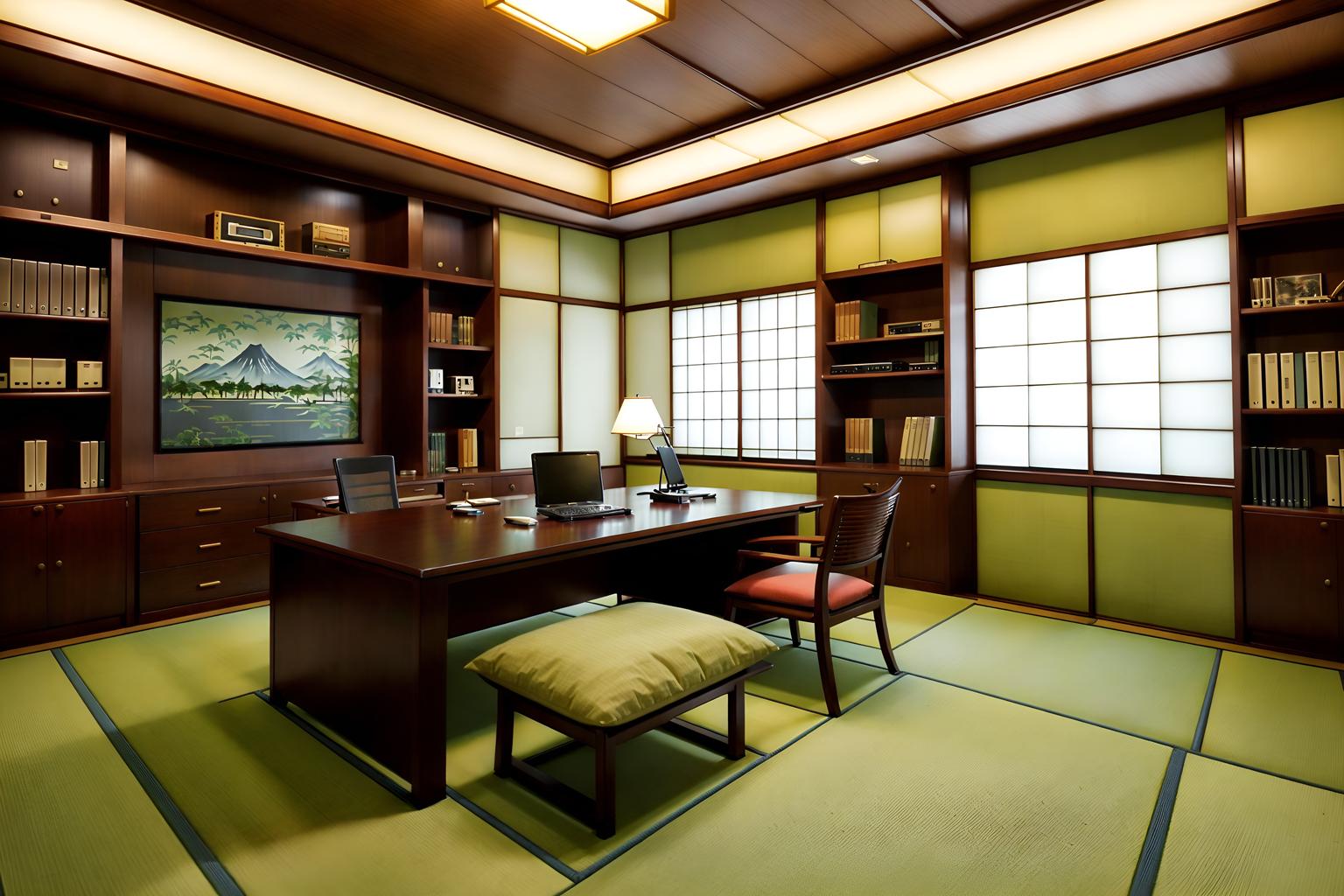 japanese design-style (study room interior) with office chair and lounge chair and desk lamp and cabinets and writing desk and bookshelves and plant and office chair. . with . . cinematic photo, highly detailed, cinematic lighting, ultra-detailed, ultrarealistic, photorealism, 8k. japanese design interior design style. masterpiece, cinematic light, ultrarealistic+, photorealistic+, 8k, raw photo, realistic, sharp focus on eyes, (symmetrical eyes), (intact eyes), hyperrealistic, highest quality, best quality, , highly detailed, masterpiece, best quality, extremely detailed 8k wallpaper, masterpiece, best quality, ultra-detailed, best shadow, detailed background, detailed face, detailed eyes, high contrast, best illumination, detailed face, dulux, caustic, dynamic angle, detailed glow. dramatic lighting. highly detailed, insanely detailed hair, symmetrical, intricate details, professionally retouched, 8k high definition. strong bokeh. award winning photo.