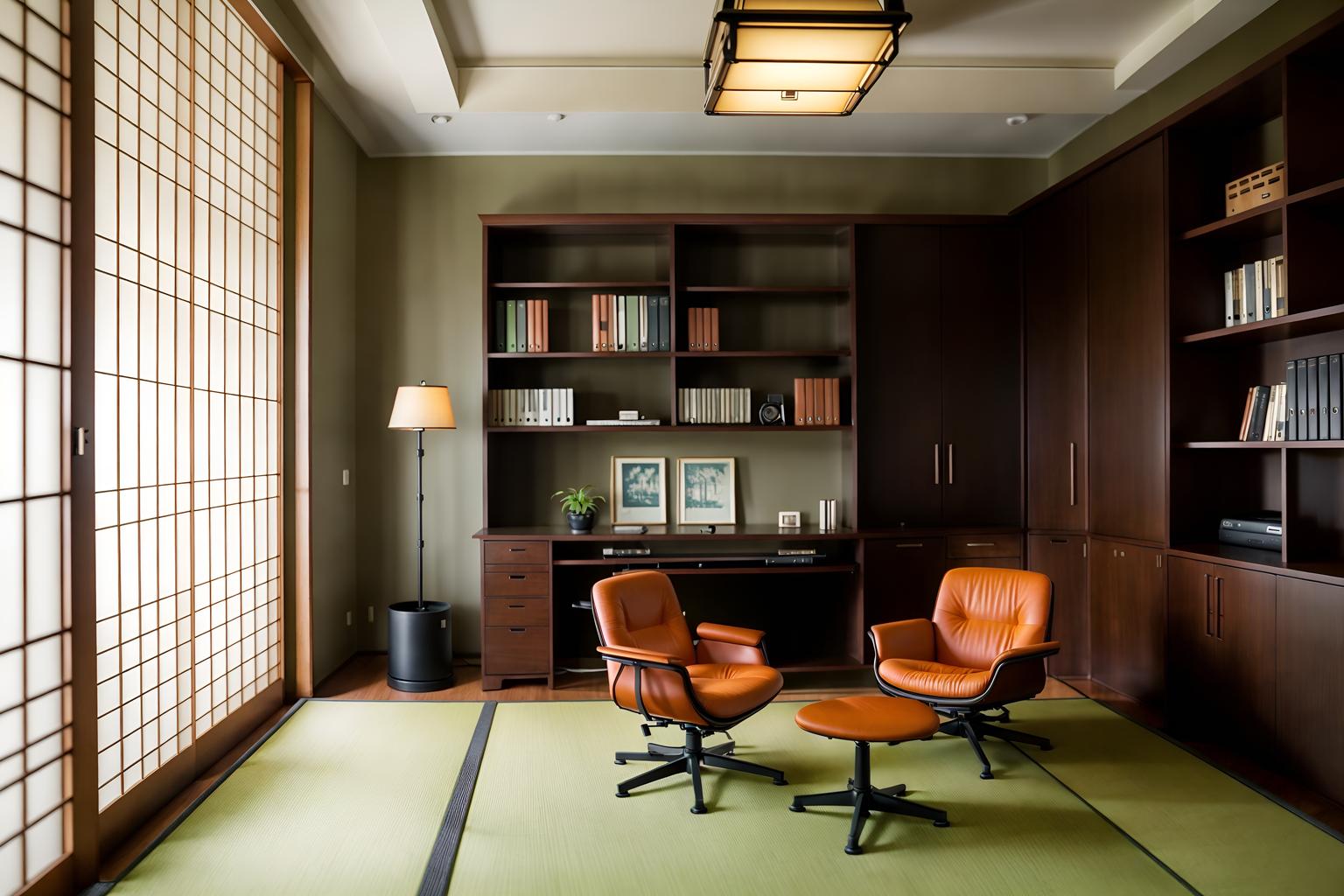 japanese design-style (study room interior) with office chair and lounge chair and desk lamp and cabinets and writing desk and bookshelves and plant and office chair. . with . . cinematic photo, highly detailed, cinematic lighting, ultra-detailed, ultrarealistic, photorealism, 8k. japanese design interior design style. masterpiece, cinematic light, ultrarealistic+, photorealistic+, 8k, raw photo, realistic, sharp focus on eyes, (symmetrical eyes), (intact eyes), hyperrealistic, highest quality, best quality, , highly detailed, masterpiece, best quality, extremely detailed 8k wallpaper, masterpiece, best quality, ultra-detailed, best shadow, detailed background, detailed face, detailed eyes, high contrast, best illumination, detailed face, dulux, caustic, dynamic angle, detailed glow. dramatic lighting. highly detailed, insanely detailed hair, symmetrical, intricate details, professionally retouched, 8k high definition. strong bokeh. award winning photo.