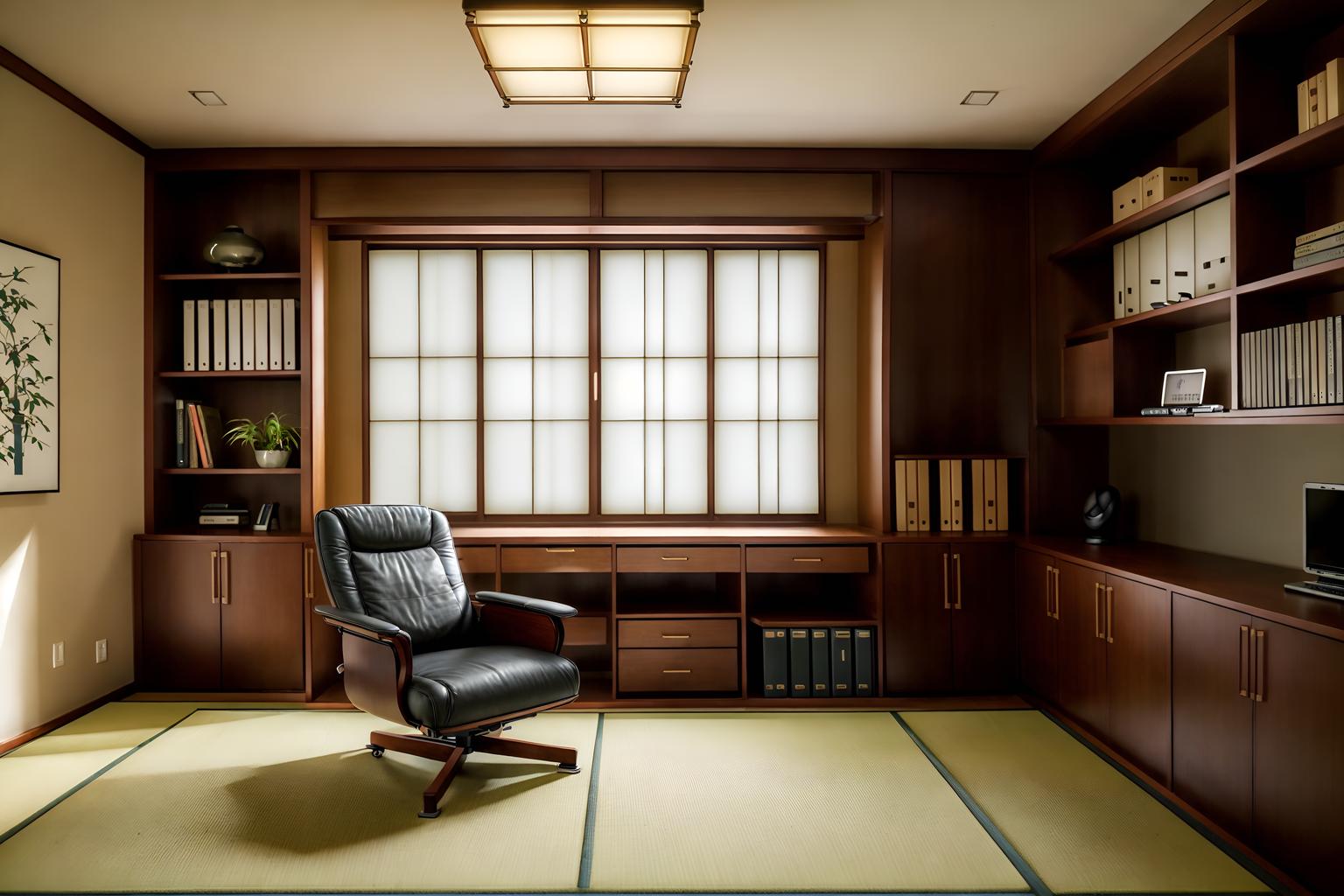 japanese design-style (study room interior) with office chair and lounge chair and desk lamp and cabinets and writing desk and bookshelves and plant and office chair. . with . . cinematic photo, highly detailed, cinematic lighting, ultra-detailed, ultrarealistic, photorealism, 8k. japanese design interior design style. masterpiece, cinematic light, ultrarealistic+, photorealistic+, 8k, raw photo, realistic, sharp focus on eyes, (symmetrical eyes), (intact eyes), hyperrealistic, highest quality, best quality, , highly detailed, masterpiece, best quality, extremely detailed 8k wallpaper, masterpiece, best quality, ultra-detailed, best shadow, detailed background, detailed face, detailed eyes, high contrast, best illumination, detailed face, dulux, caustic, dynamic angle, detailed glow. dramatic lighting. highly detailed, insanely detailed hair, symmetrical, intricate details, professionally retouched, 8k high definition. strong bokeh. award winning photo.