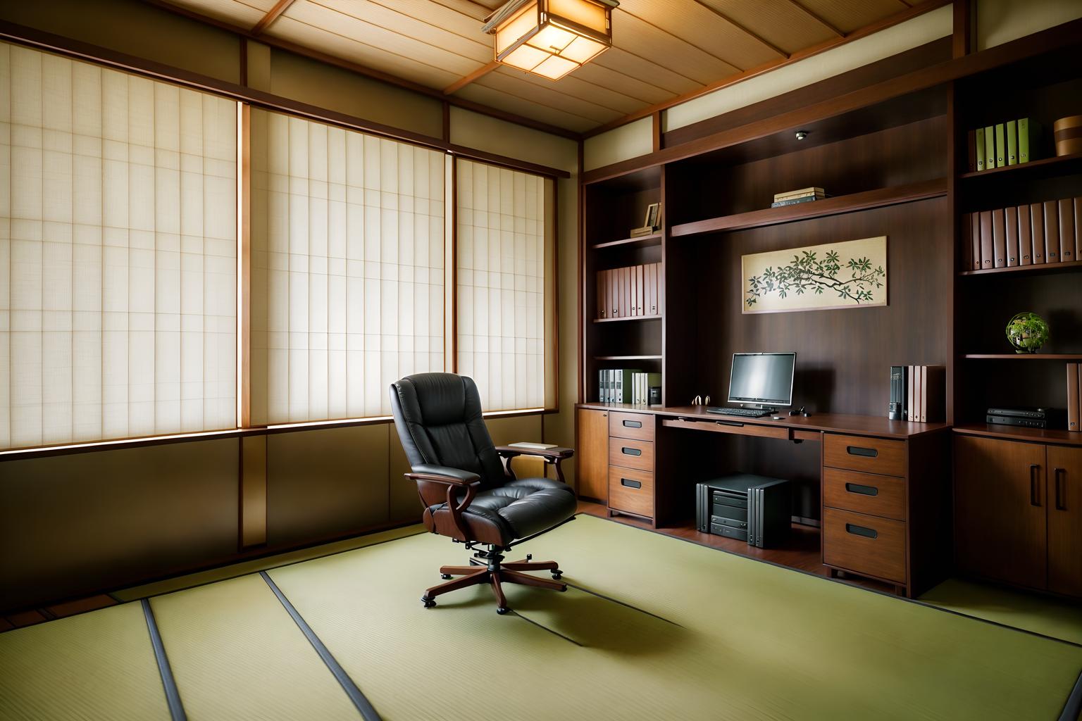 japanese design-style (study room interior) with office chair and lounge chair and desk lamp and cabinets and writing desk and bookshelves and plant and office chair. . with . . cinematic photo, highly detailed, cinematic lighting, ultra-detailed, ultrarealistic, photorealism, 8k. japanese design interior design style. masterpiece, cinematic light, ultrarealistic+, photorealistic+, 8k, raw photo, realistic, sharp focus on eyes, (symmetrical eyes), (intact eyes), hyperrealistic, highest quality, best quality, , highly detailed, masterpiece, best quality, extremely detailed 8k wallpaper, masterpiece, best quality, ultra-detailed, best shadow, detailed background, detailed face, detailed eyes, high contrast, best illumination, detailed face, dulux, caustic, dynamic angle, detailed glow. dramatic lighting. highly detailed, insanely detailed hair, symmetrical, intricate details, professionally retouched, 8k high definition. strong bokeh. award winning photo.