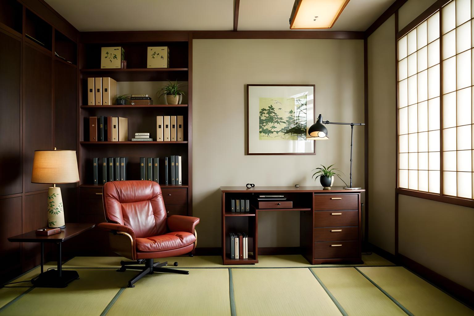 japanese design-style (study room interior) with office chair and lounge chair and desk lamp and cabinets and writing desk and bookshelves and plant and office chair. . with . . cinematic photo, highly detailed, cinematic lighting, ultra-detailed, ultrarealistic, photorealism, 8k. japanese design interior design style. masterpiece, cinematic light, ultrarealistic+, photorealistic+, 8k, raw photo, realistic, sharp focus on eyes, (symmetrical eyes), (intact eyes), hyperrealistic, highest quality, best quality, , highly detailed, masterpiece, best quality, extremely detailed 8k wallpaper, masterpiece, best quality, ultra-detailed, best shadow, detailed background, detailed face, detailed eyes, high contrast, best illumination, detailed face, dulux, caustic, dynamic angle, detailed glow. dramatic lighting. highly detailed, insanely detailed hair, symmetrical, intricate details, professionally retouched, 8k high definition. strong bokeh. award winning photo.
